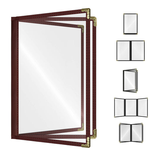 Goodsmart Restaurant Menu Covers – 25 Pack Burgundy 6-View Booklet 5.5" x 8.5", Side-Loading Vinyl & Plastic Menu Holders, Clear Menu Sleeves, Leather-Style Café Covers with Gold Corners