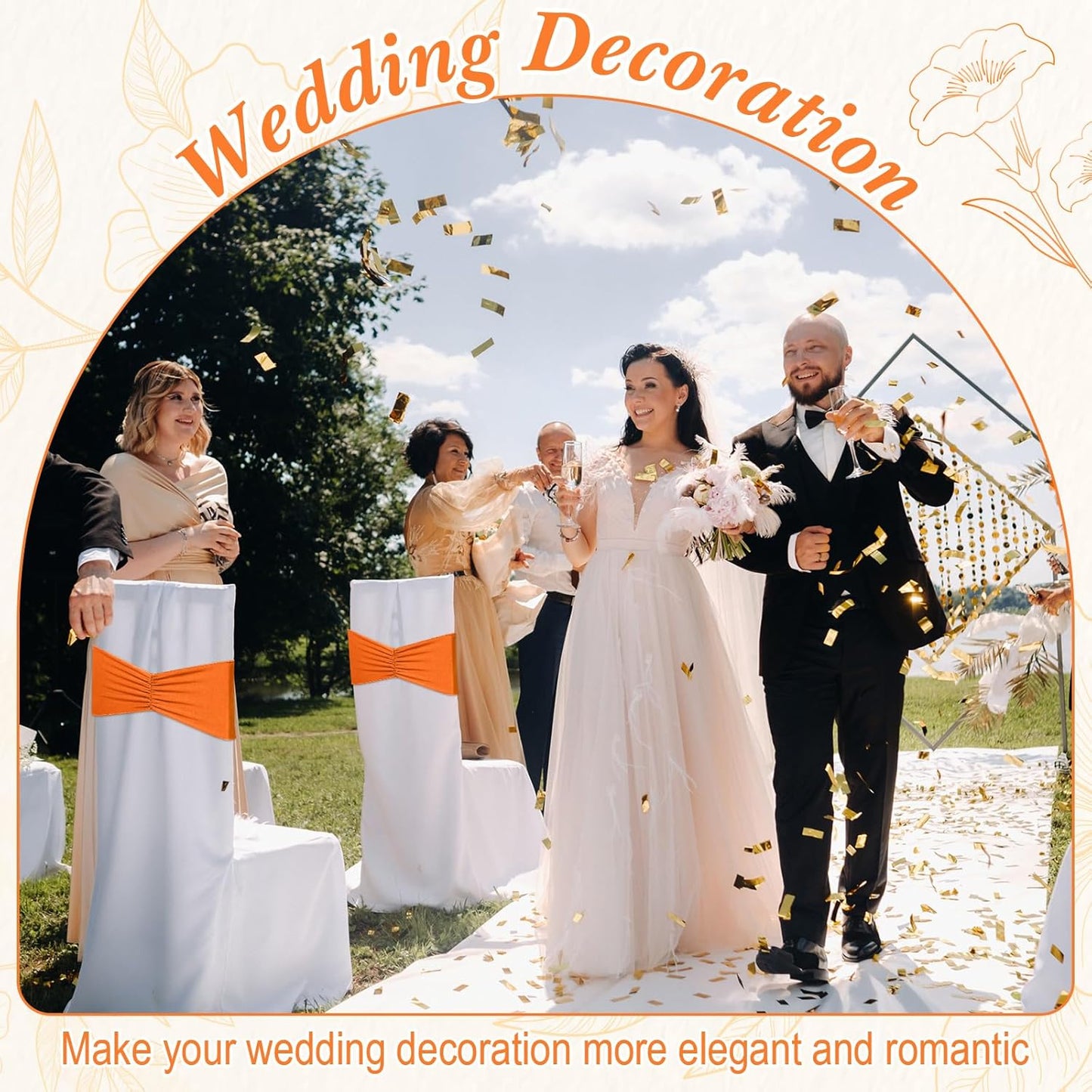 Moukeren 100 Pcs Spandex Chair Sashes Bows Bands Slider Sashes for Chair Covers Elastic Bands Ties Ribbon Decorations for Wedding Party Events Ceremony Birthday Banquet(Orange)