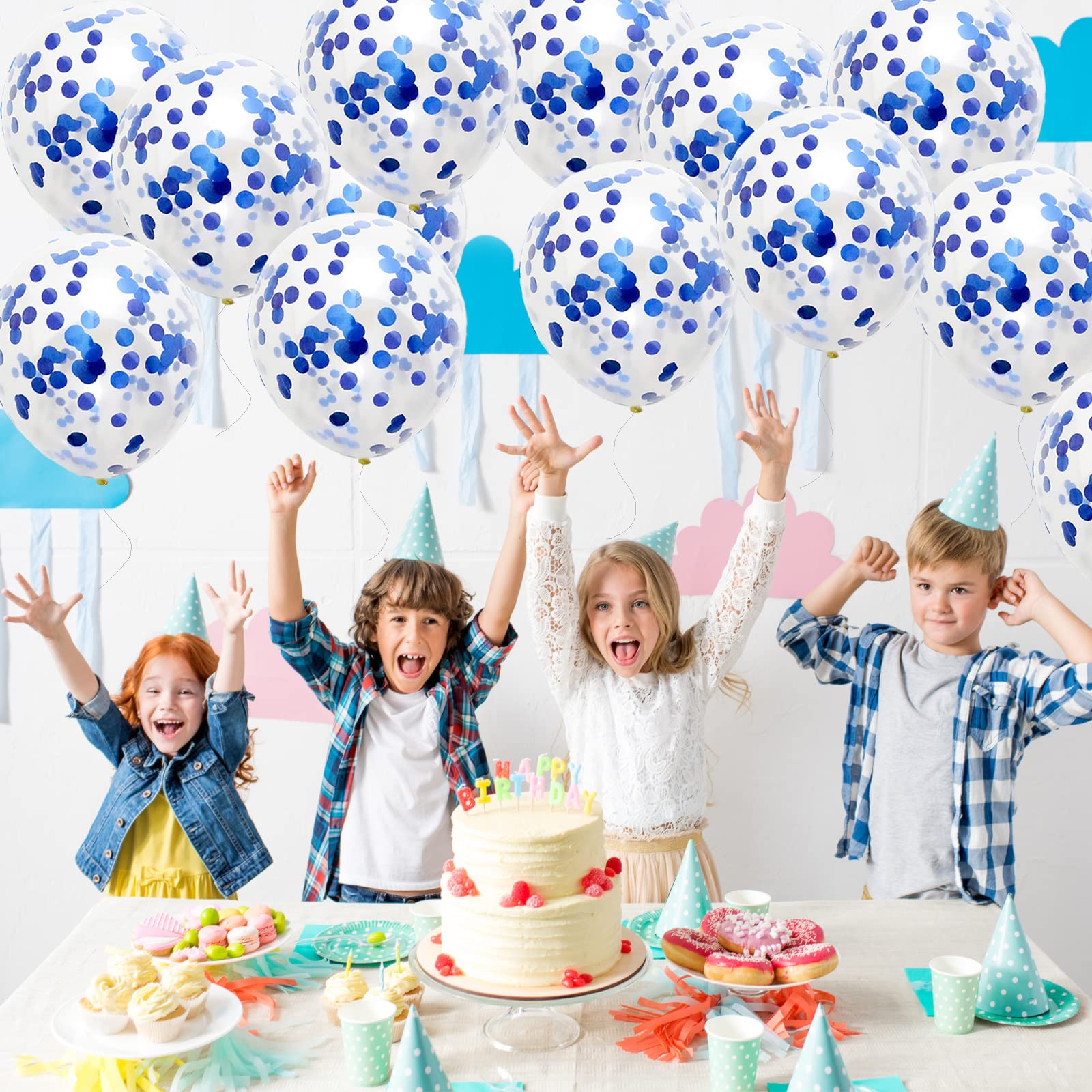 GaesQae Blue Confetti Balloons, 25pcs 12in Latex Balloons with Blue Foil Confetti for Birthday