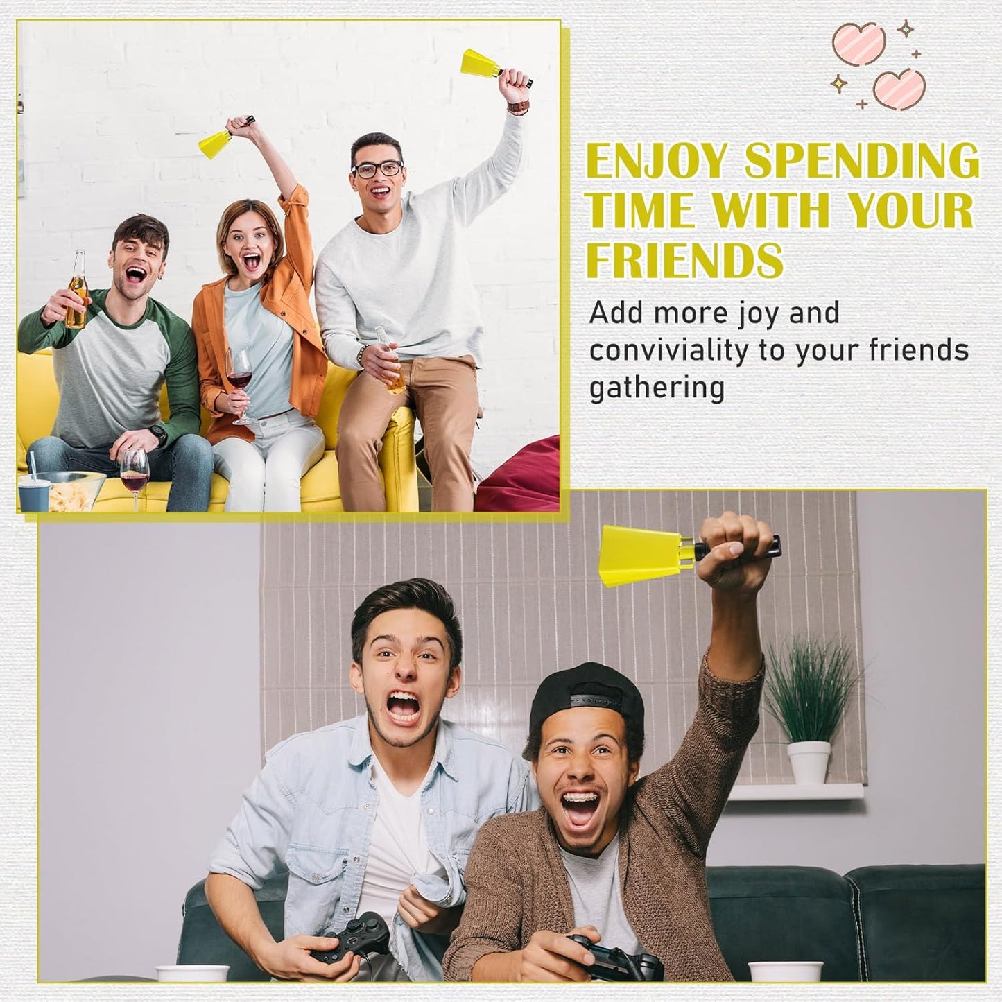 Pelopy 12 Pcs Large Cow Bell 9 '' Cowbell with Handle Cowbells for Sporting Events Hand Percussion Cheering Bell Chimes for Football Game, Alarm Loud Noise Makers, Musical Instrument(Yellow)