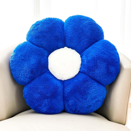 Royal Blue Flower Pillow, Cute Decorative Flower Shaped Throw Pillow with Faux Rabbit Fur, 14.9" Soft Flower Plush Throw Pillow Floor Pillows Room Décor for Bedroom Living Room