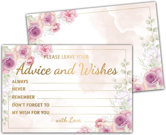 Purple Floral Advice and Wishes Cards, 25 Pcs Blush Pink Double Sided Advice Cards for The Bride and Groom, Mr and Mrs, Bride Shower, Wedding Reception, Engagement Party(09)