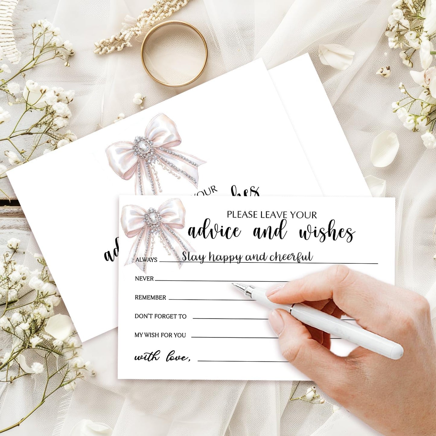 25 Advice and Wishes Cards, White Bow Fill-In Advice Cards for Bridal Shower Wedding Birthday Party Baby Shower Graduation Party, Well Wishes Card for Mr & Mrs Adults, Party Supplies -03