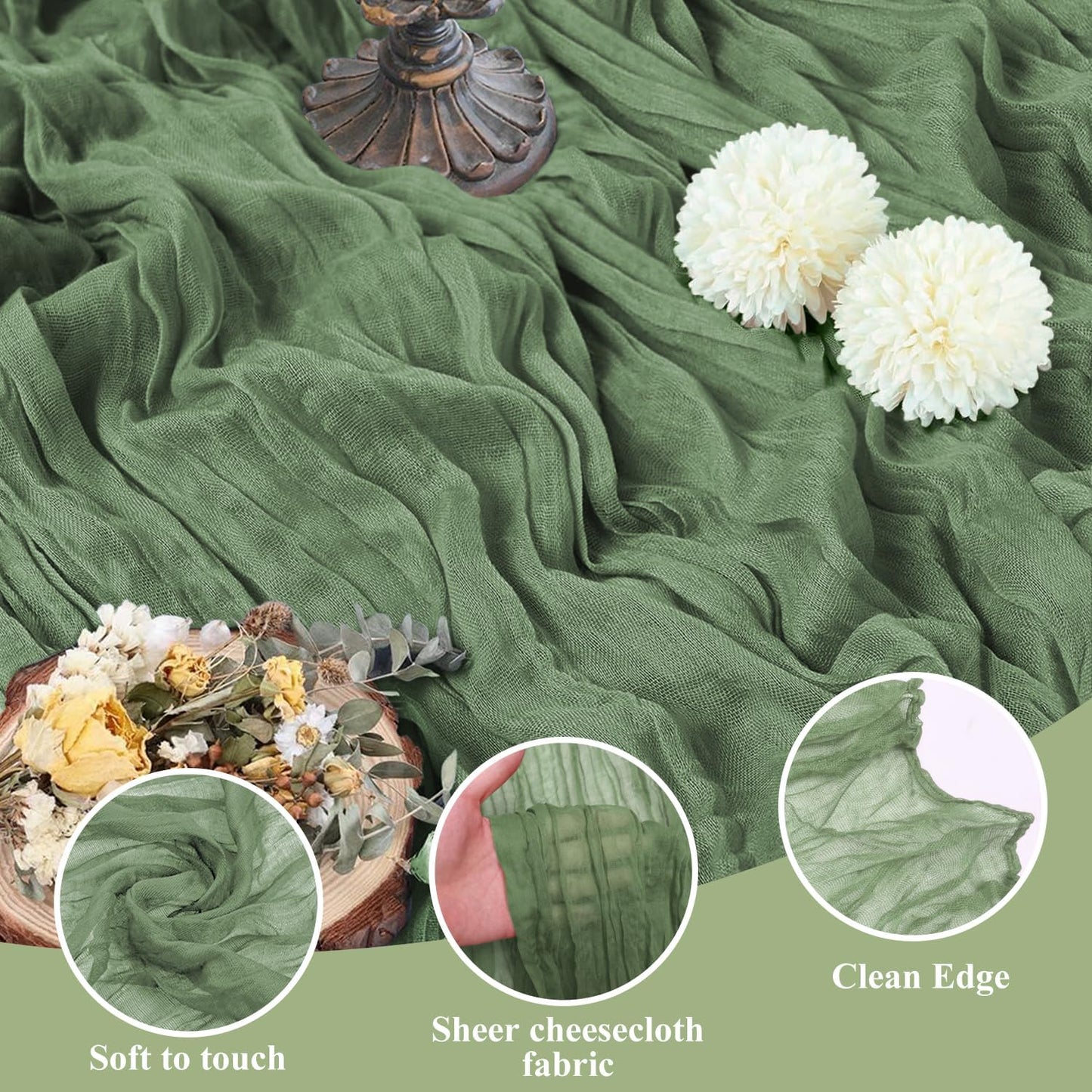 Asee'm 4pcs Cheesecloth Table Runner 120 Inches Sage Green Boho Gauze Cheese Cloth Runner 10FT Rustic Sheer Table Runners for Summer Wedding Baby Shower Holiday Party Decoration