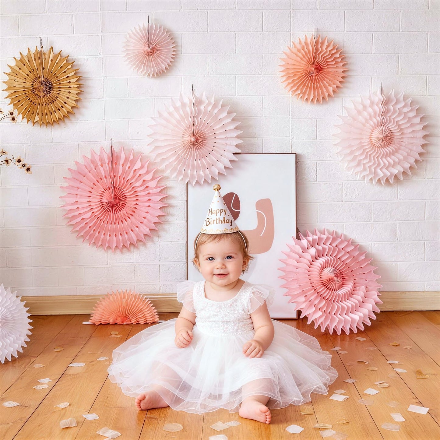 SUNBEAUTY 11Pcs Soft Pink Paper Fans Party Decorations for Wall, Reusable Large Spring Summer