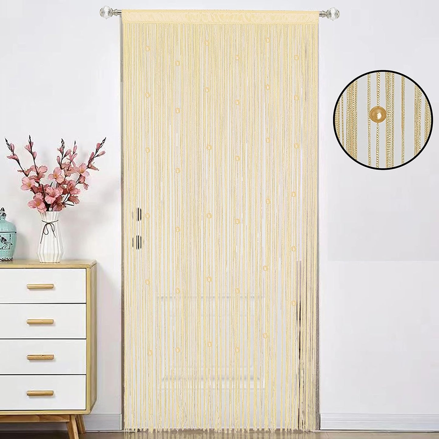 Beaded Curtain Beads Door String Curtains Ideal for Living Room Decor Wall Hanging Fringe Doorway Divider Bedroom Backdrop Hippie Window Closet Privacy Rod Pocket Dense (100x200cm,Champagne)
