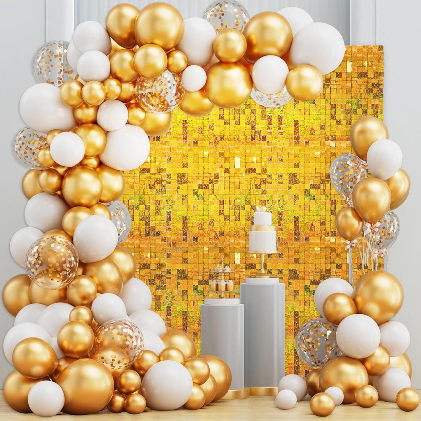 24PCS Gold Shimmer Wall Backdrop, Laser Square Sequin Photo Backdrops Panel, Glitter Wall Background for Birthdays, Weddings, Christmas, Engagements, Disco Bachelorette Party Decoration (4FTx6FT)