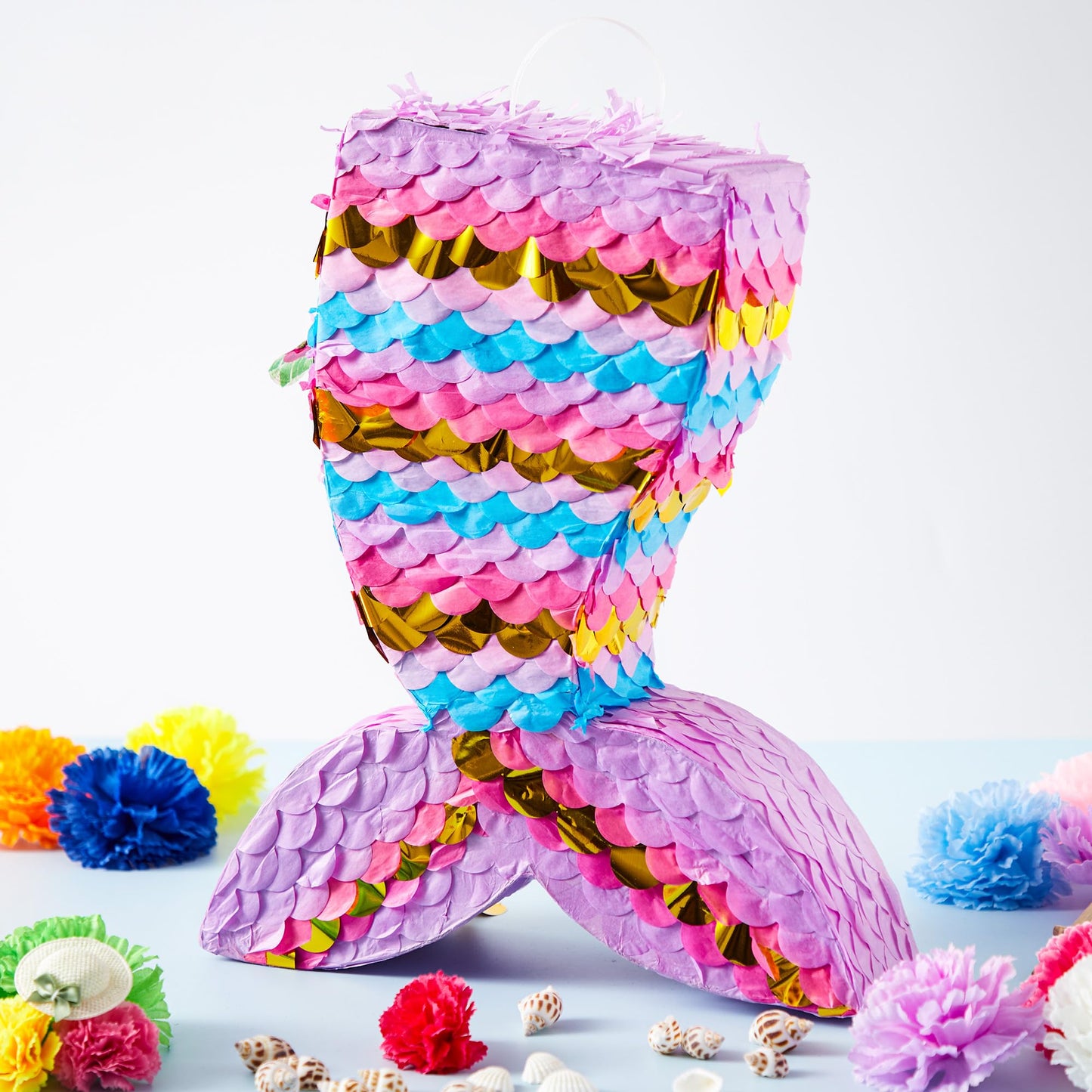 Mermaid Tail Pinata with Plastic Bat and Paper Blindfold for Fun Fiesta Taco Party Supplies, Photo