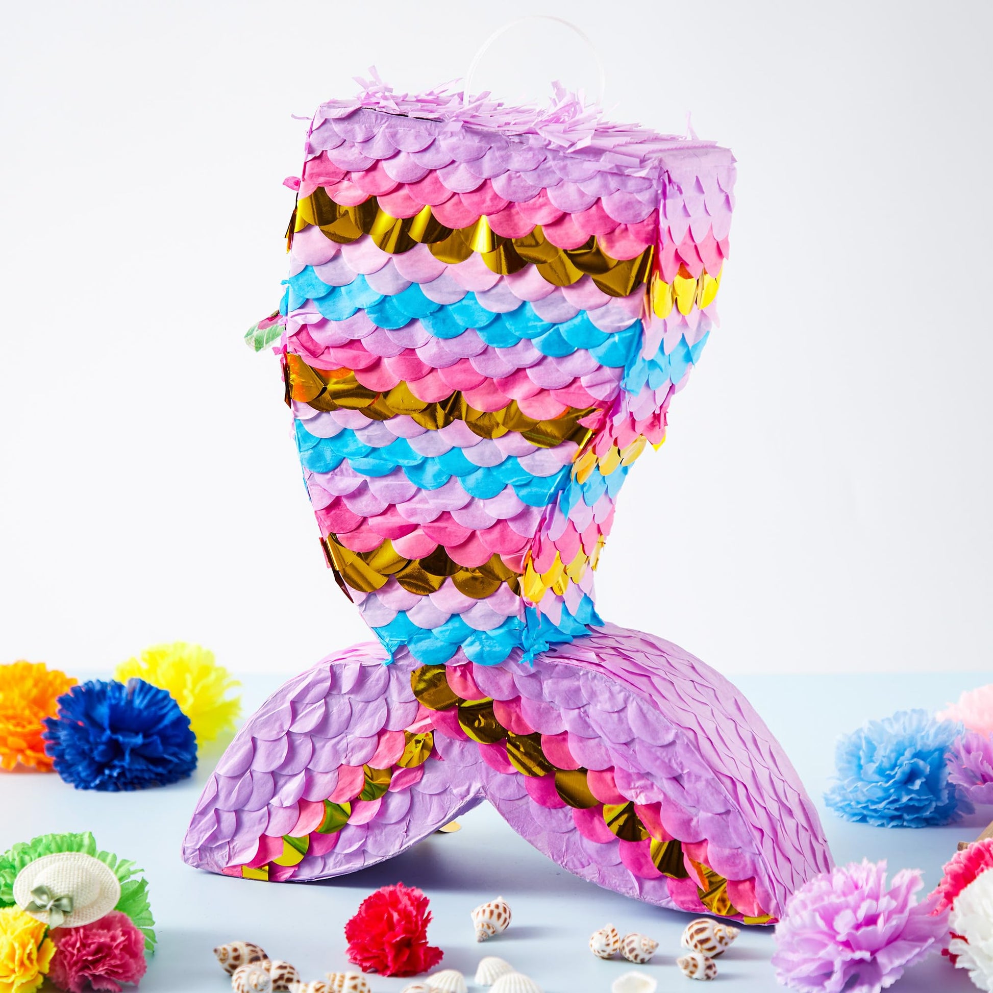 Mermaid Tail Pinata with Plastic Bat and Paper Blindfold for Fun Fiesta Taco Party Supplies, Photo