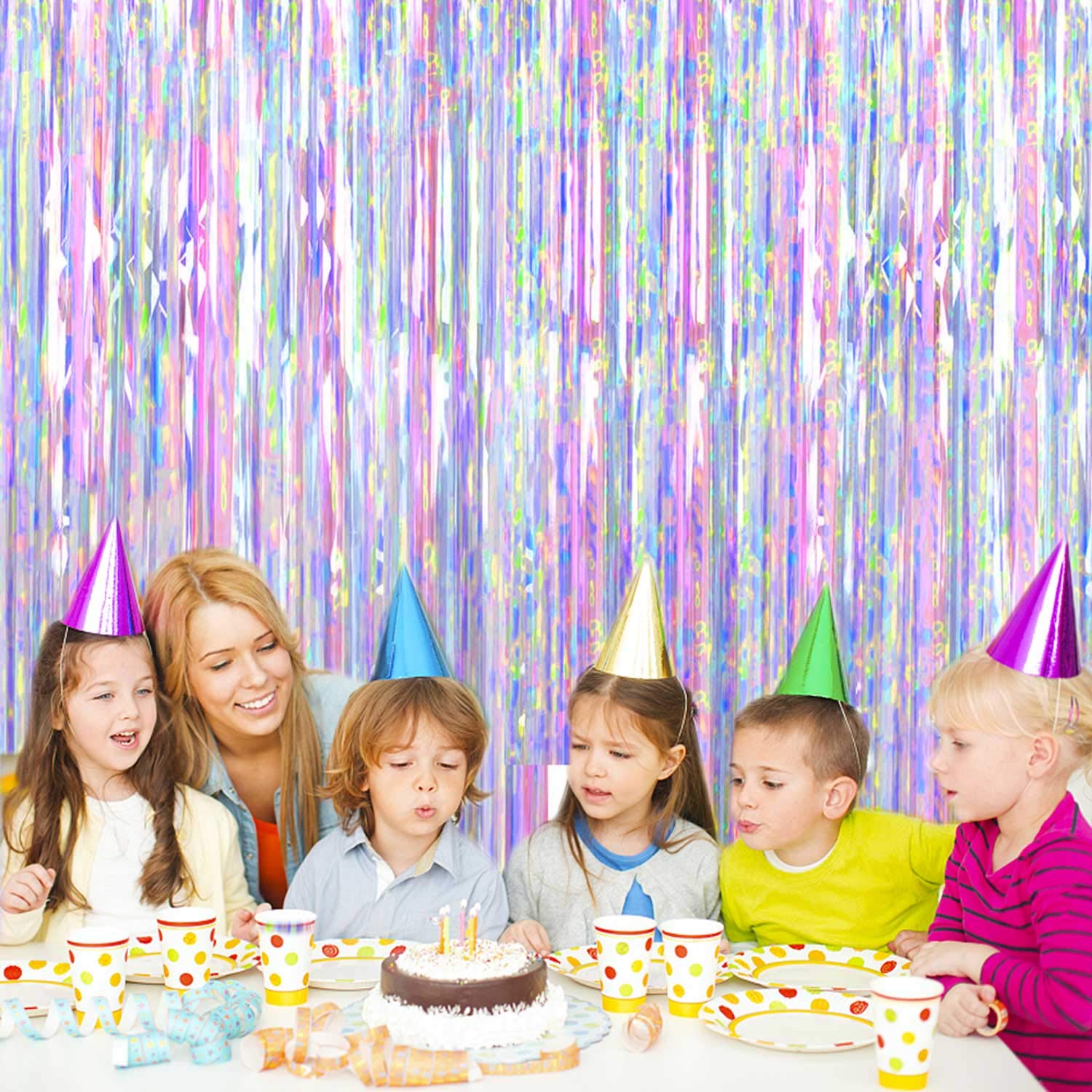 FECEDY 2pcs 3ft x 8.3ft Shiny Corlorful Metallic Tinsel Foil Fringe Curtains Photo Booth Props for