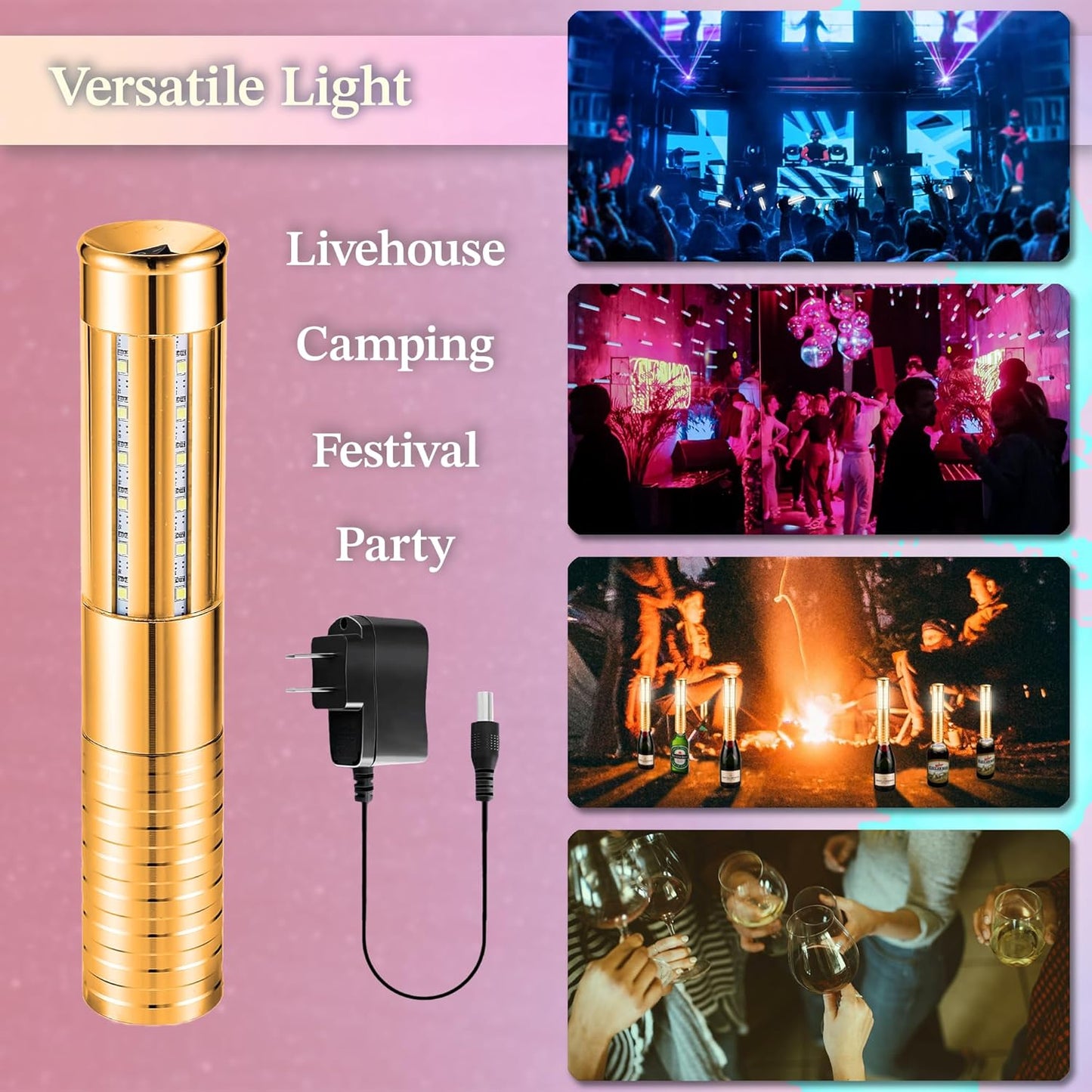 4 Packs Rechargeable LED Strobe Baton Lights Reusable Bottle Service Lights for Liquor Bottles Handheld Service Sparklers for Club Weddings Concert Outdoor Events (Gold-White Light, 4)