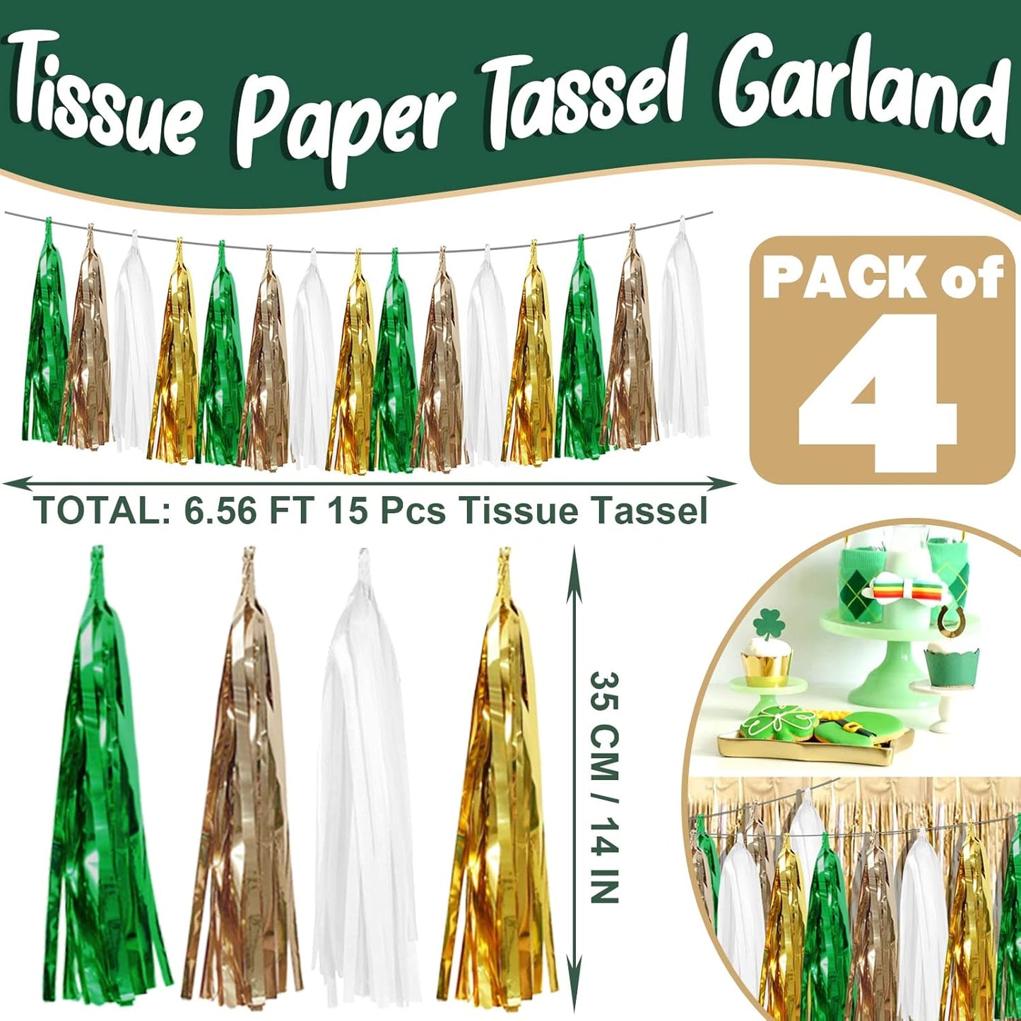 4P Sage-Green Beige-Mint Gold Foil Fringe Metallic Tassel Garland Banner, Tassels Banner Streamers for Parade Floats, Bachelorette, Wedding, Birthday, Christmas, Bridal/Baby Shower Party Decorations
