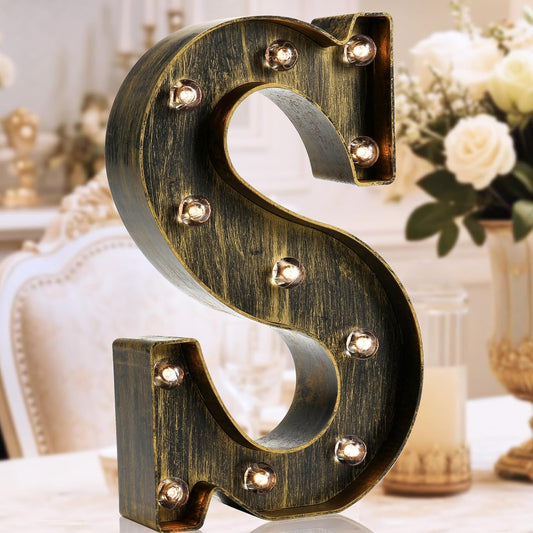 OYCBUZO Golden Black Led Marquee Letter - Industrial, Vintage Style Light Up Alphabet Letter Sign for Cafe Wedding Birthday Party Christmas Lamp Home Bar Initials Decor - S