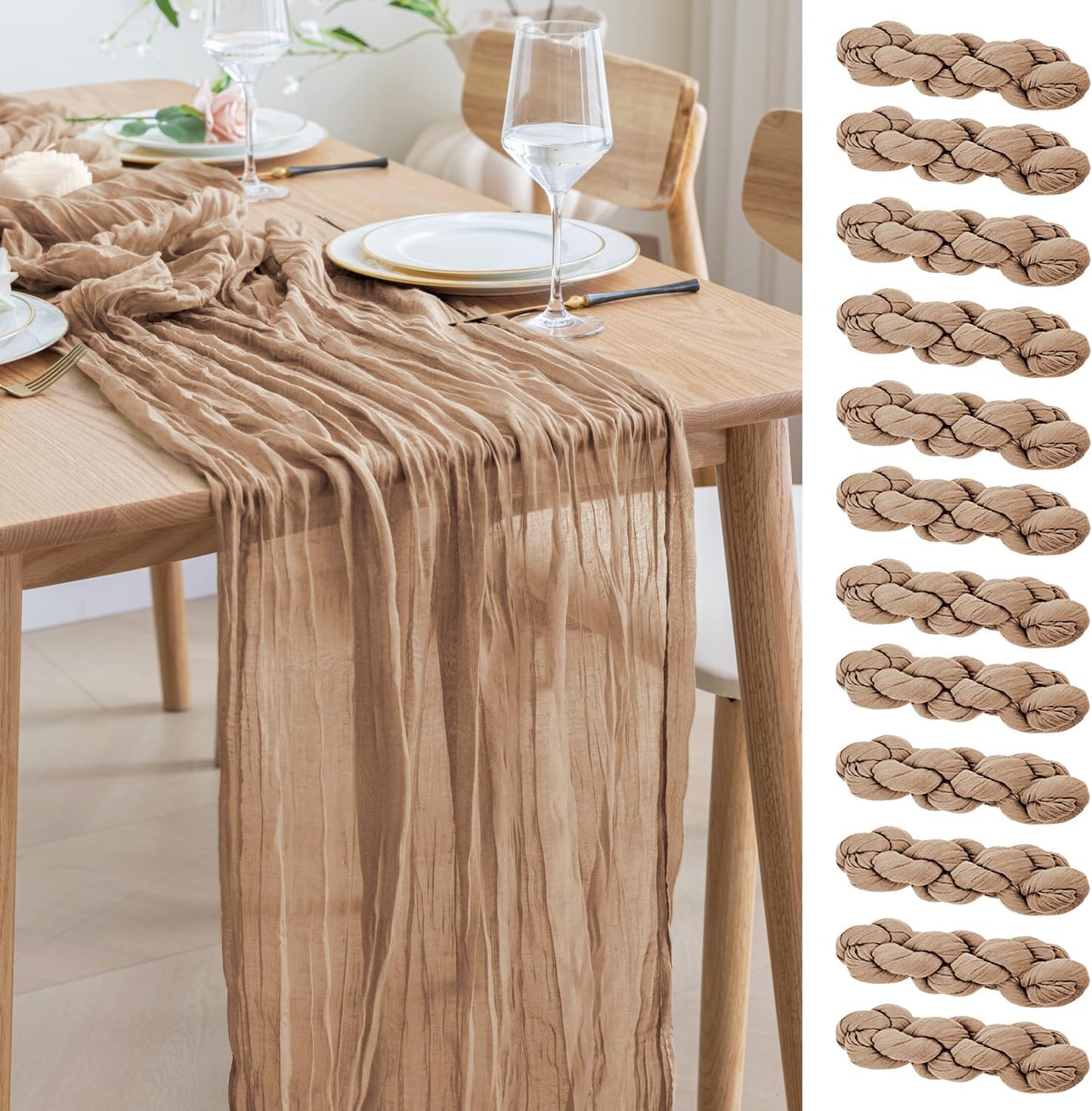 Asee'm 12pcs Cheesecloth Table Runner 120 Inches Long Nude Boho Gauze Cheese Cloth Runner 10FT Rustic Sheer Table Runners for Christmas Wedding Party Baby Shower Spring Easter Decoration