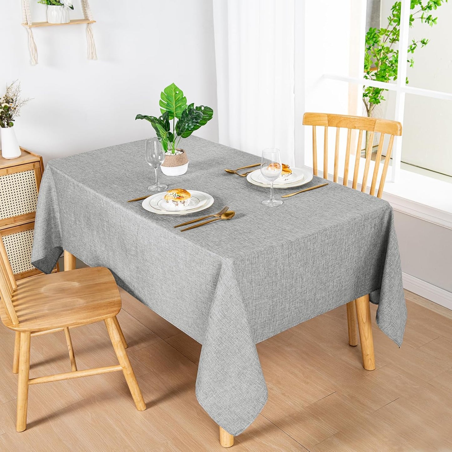 Hiasan Faux Linen Rectangle Tablecloth - Wrinkle and Stain Resistant Washable Table Cloth for Kitchen Dining Room Holiday Table Cover for Dinner, Light Grey, 60 x 140 Inch