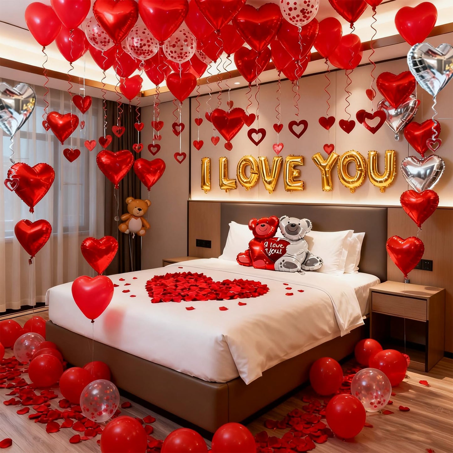 54pcs I Love You Heart Balloons Valentines Decoration with 50 Hanging 1000 Silk Rose Petal Bear