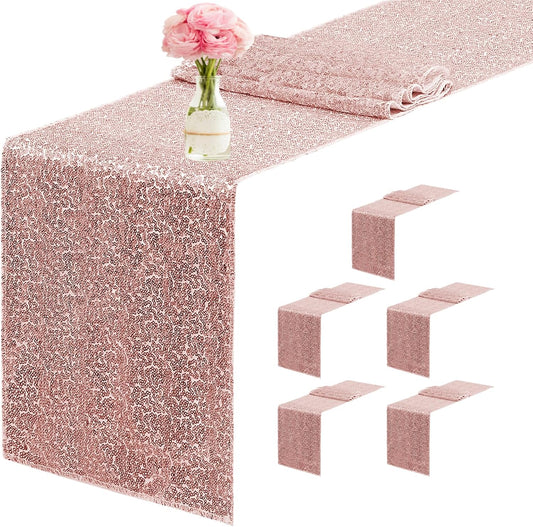 6 Packs 12 x 72 inches Sequin Table Runner, Rose Gold Glitter Table Runner for Birthday Party Supplies Wedding Engagement Baby Shower Holiday Celebration Event Decorations