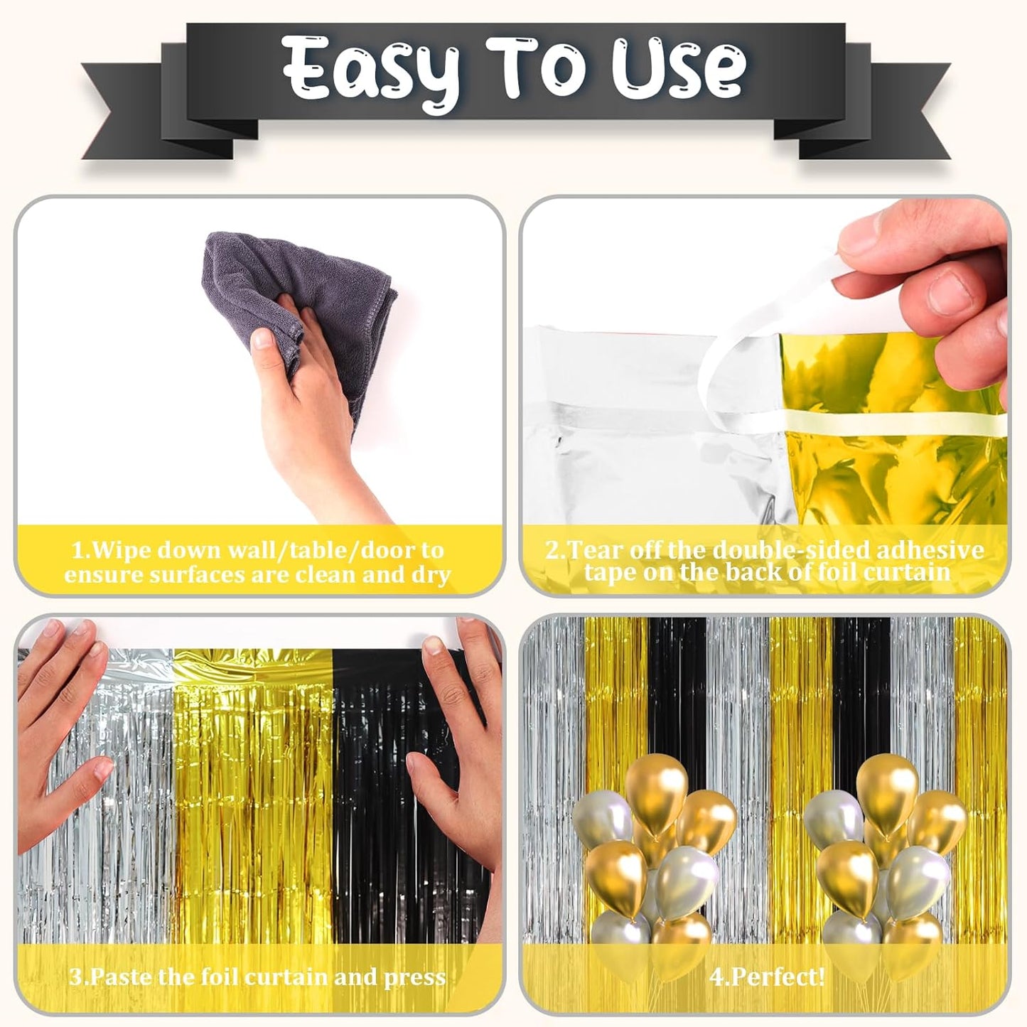 2 Pack Black Gold Silver Foil Fringe Backdrop Curtains, Tinsel Streamers Party Decorations, Fringe Backdrop, Door Shimmer for New Years or Birthday Party