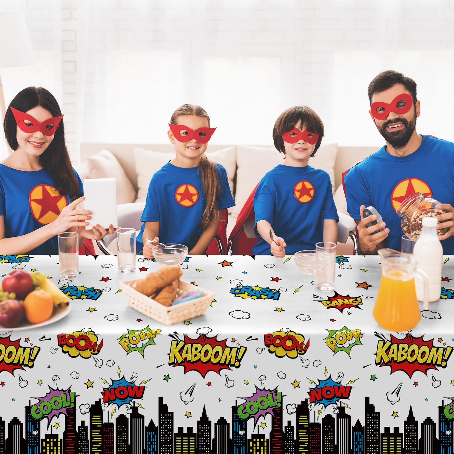 3Pcs Hero Themed Birthday Party Tablecloths Decorations,White Cityscape Super Bang Plastic Table