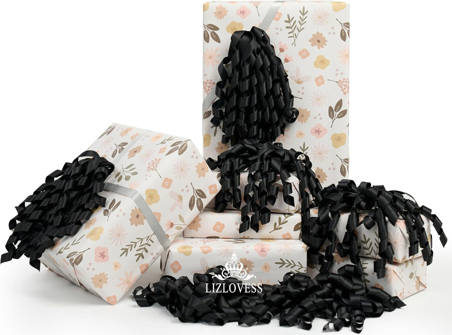 6 Inch Black Curly Bows for Gift Wrapping Set of 6, Self Adhesive Bows Black Gift Bows for Presents, Satin Ribbon Bows for Birthday, Wedding, Christmas, Bridal Shower, Gift Wrap Accessory