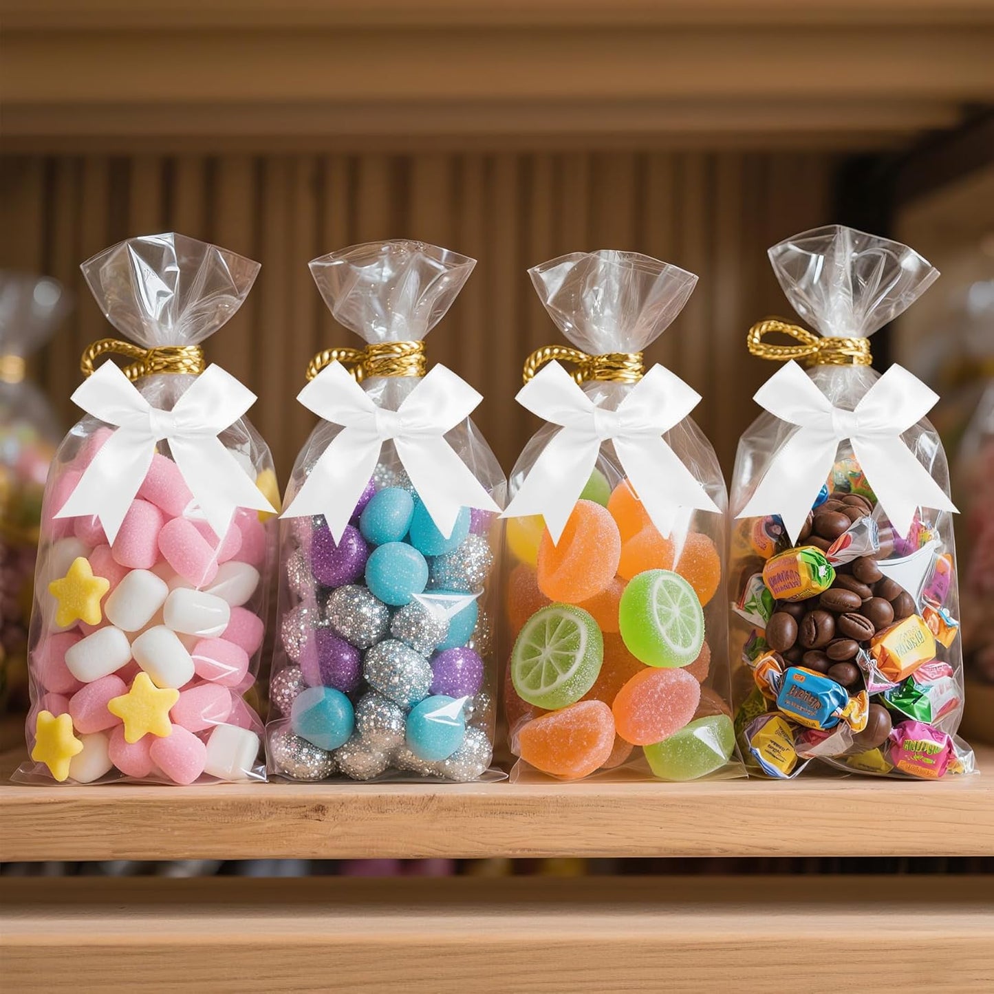 50 PCS Twist Tie Bows Satin Ribbon Bows 3.3 Inch Gift Wrap Bows Craft Bows for Gift Wrapping, Party Decorations Gifts Bag DIY Treat Bags Wedding Decor Baby Shower Christmas (White)