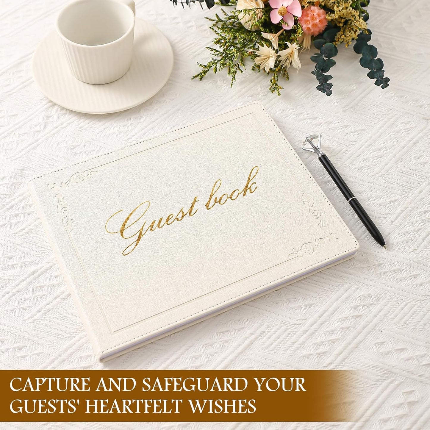 8x10 Leather Guest Book and Standup Sign Set, Gold Foiled Cover Registry Book for Wedding Reception, Retirement Party, Vacation Homes and Events, 120 Pages (White)