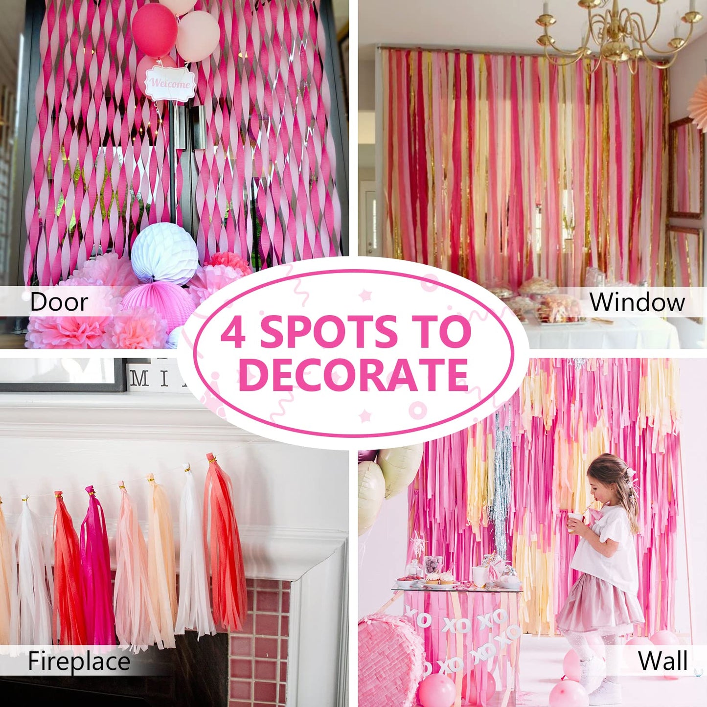 PartyWoo Hot Pink Crepe Paper Streamers 4 Rolls 328 FT Streamers