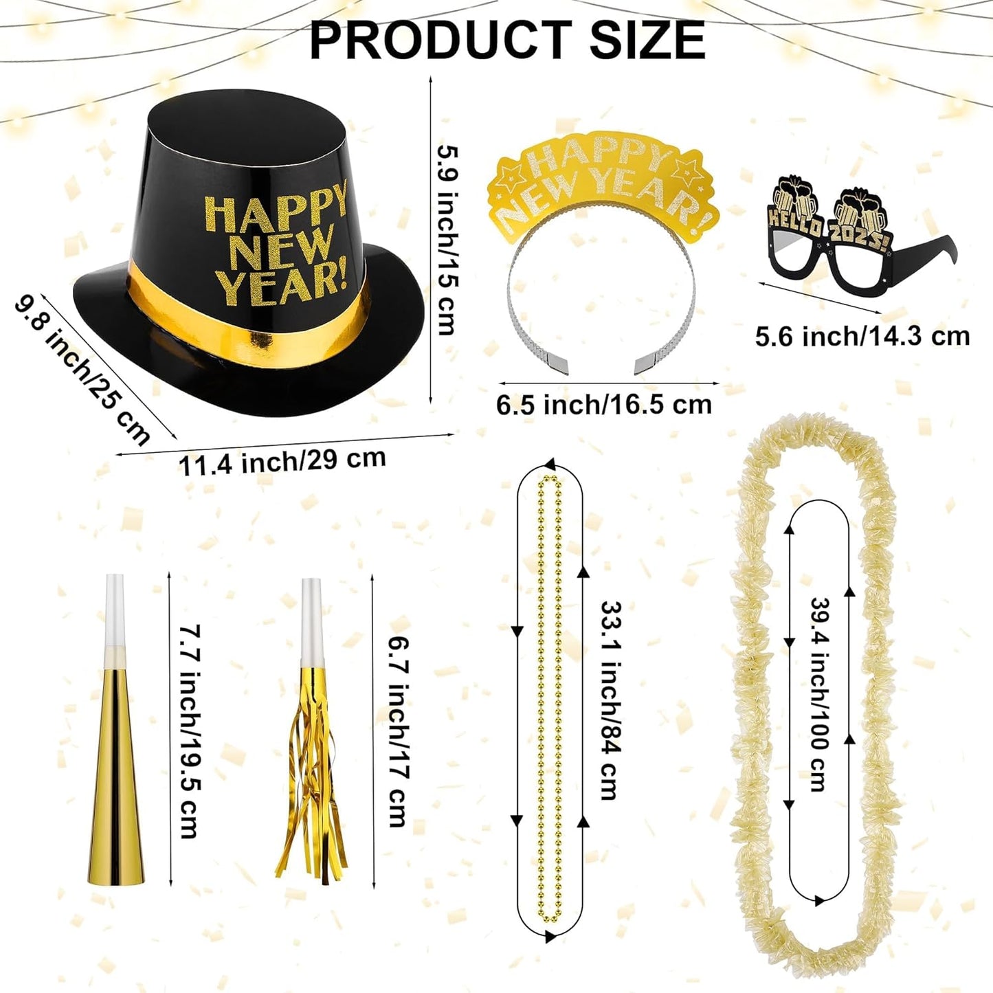 Fovths 264 Pieces 2025 New Years Eve Party Supplies Includes Glasses Top Hats Headband Noisemakers Horns Bead Necklaces Plastic Leis New Year Party Favors for Celebration Decoration Gift