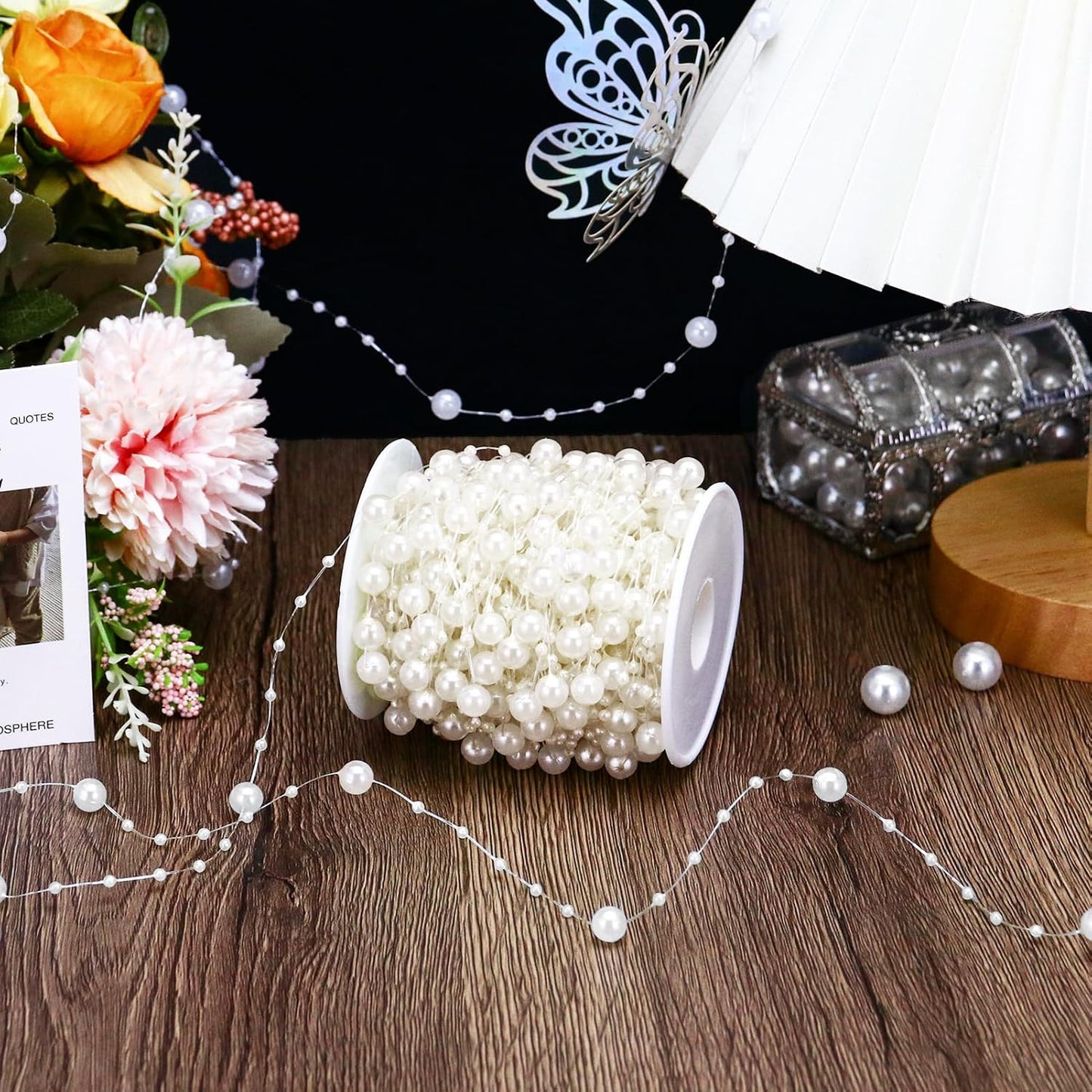 99 Feet Fishing Line Artifical Pearl Strings for Crafting, Faux Pearl Garland Strands for Floating Candle Vases Filler Wedding Centerpiece Bouquet Christmas Tree Party Decoration, Ivory