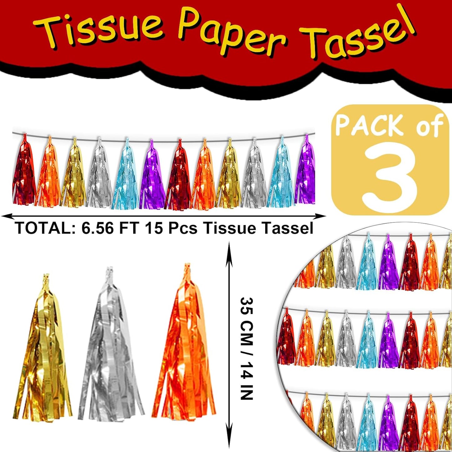 3P Lake Blue Orange-Red-Gold-Silver-Purple Metallic Fringe Tassel Banner Garland Foil Tinsel Streamer Wall Hanging Curtain Backdrop Banner for Parade Floats,Graduation Wedding Party Decorations