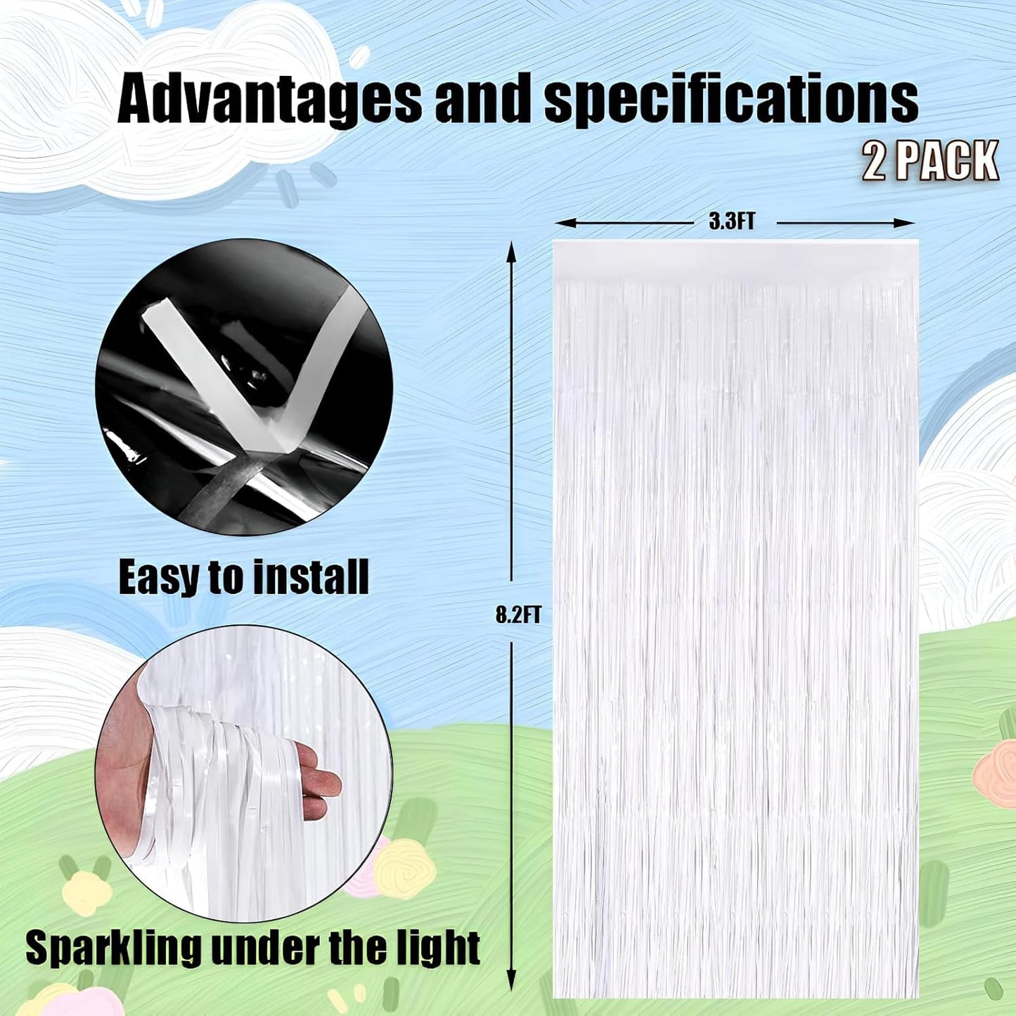 Keyali 2 Pack 3.3 * 8.3 ft Foil Curtain Metallic Tinsel Fringe Curtains Photo Booth Props Backdrop for Birthday Wedding Engagement Baby Shower Christmas Holiday Celebration Party，White