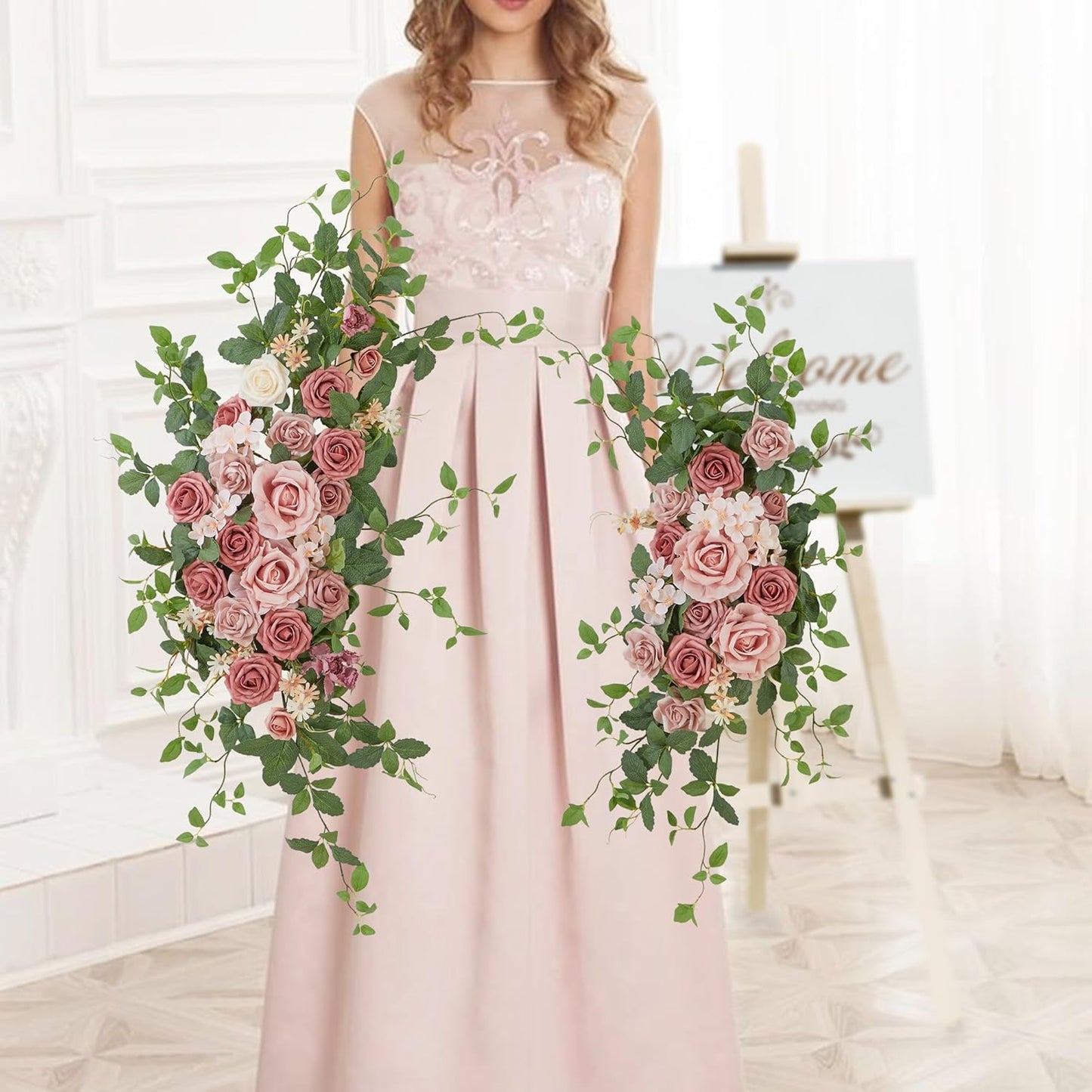 Arch Flower Kit of 2 - Artificial Floral Swag for Wedding Welcome Sign, Reception Ceremony Signs, Chair Decor (Dusty Rose)