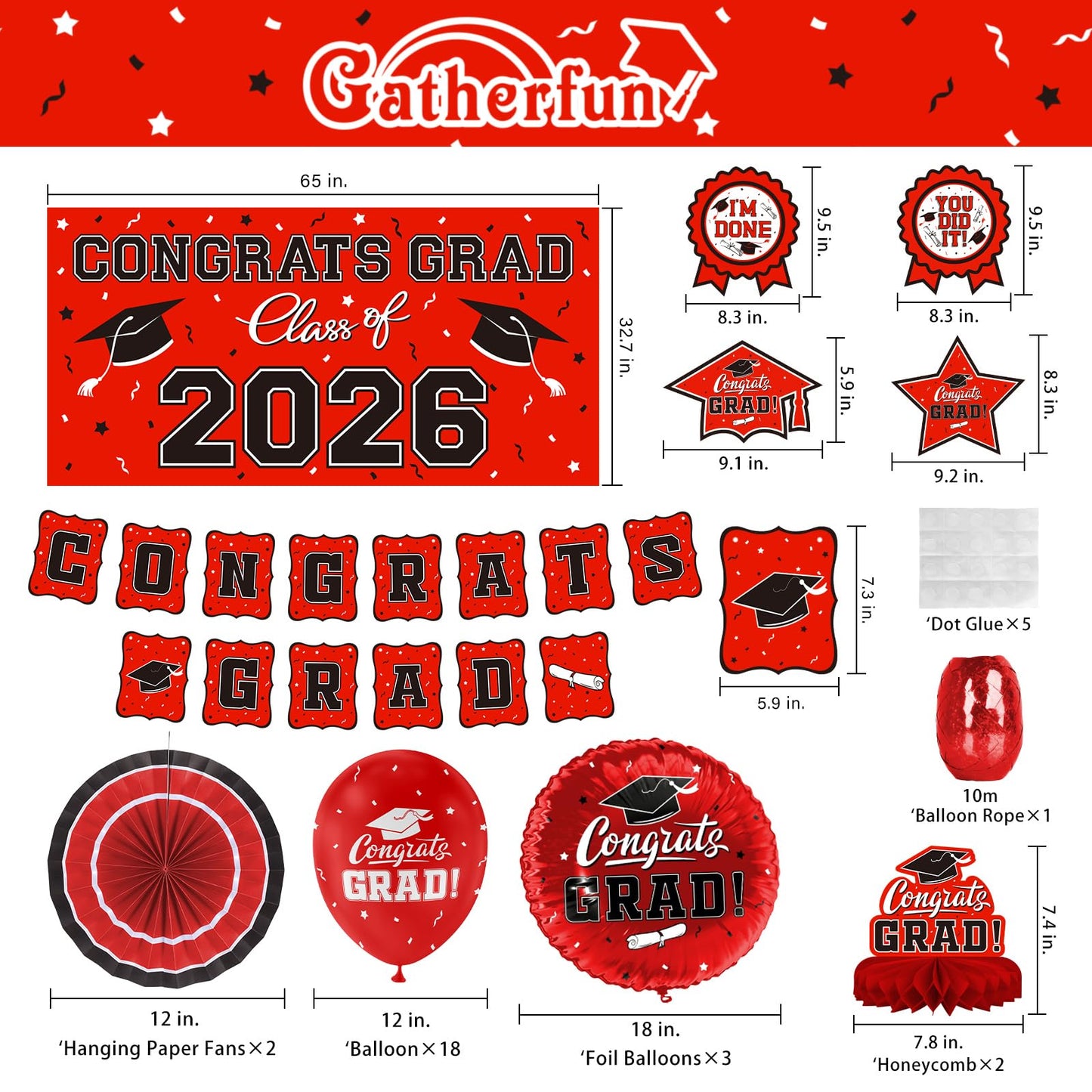 Red Themed 2026 Graduation Decorations Set - Congrats Grad Banner, Class of 2026Backdrop, Balloons