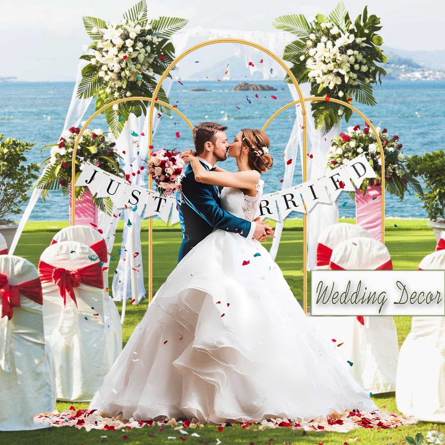 Arch Backdrop Stand Set with Cover,(7.2ft,6ft x 2) Arched Frame Stand & Spandex Wedding Arch Cover & Storage Bag (White, 7.2Ft+6Ft+6Ft)