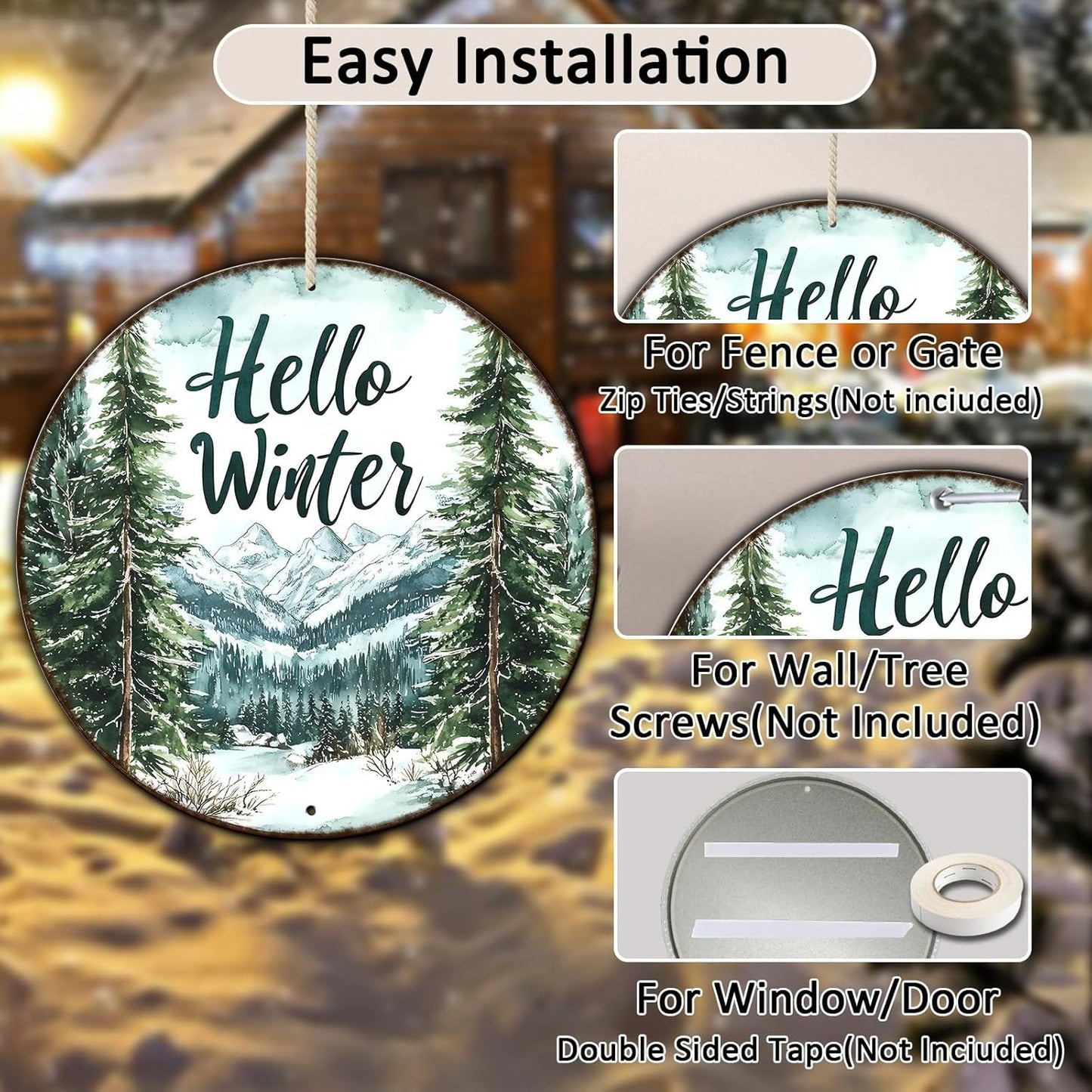Round Christmas Metal Tin Sign Hello Winter Sign Christmas Pine Trees Welcome Door Sign Xmas Winter Holiday Farmhouse Rustic Wreath Sign for Indoor Outdoor Home Wall Window Decor 8 * 8 in