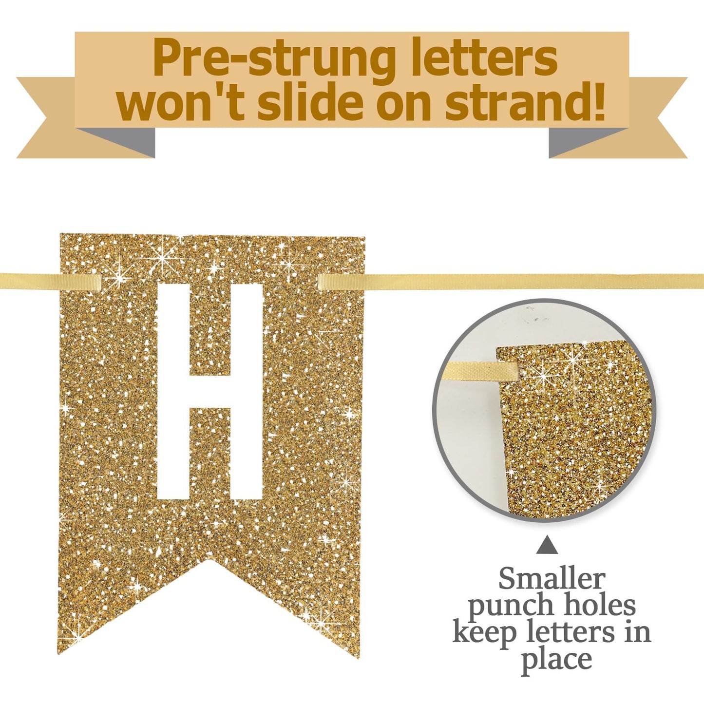 Netnology Pre-Strung Gold Glitter Happy Birthday Banner Decorations