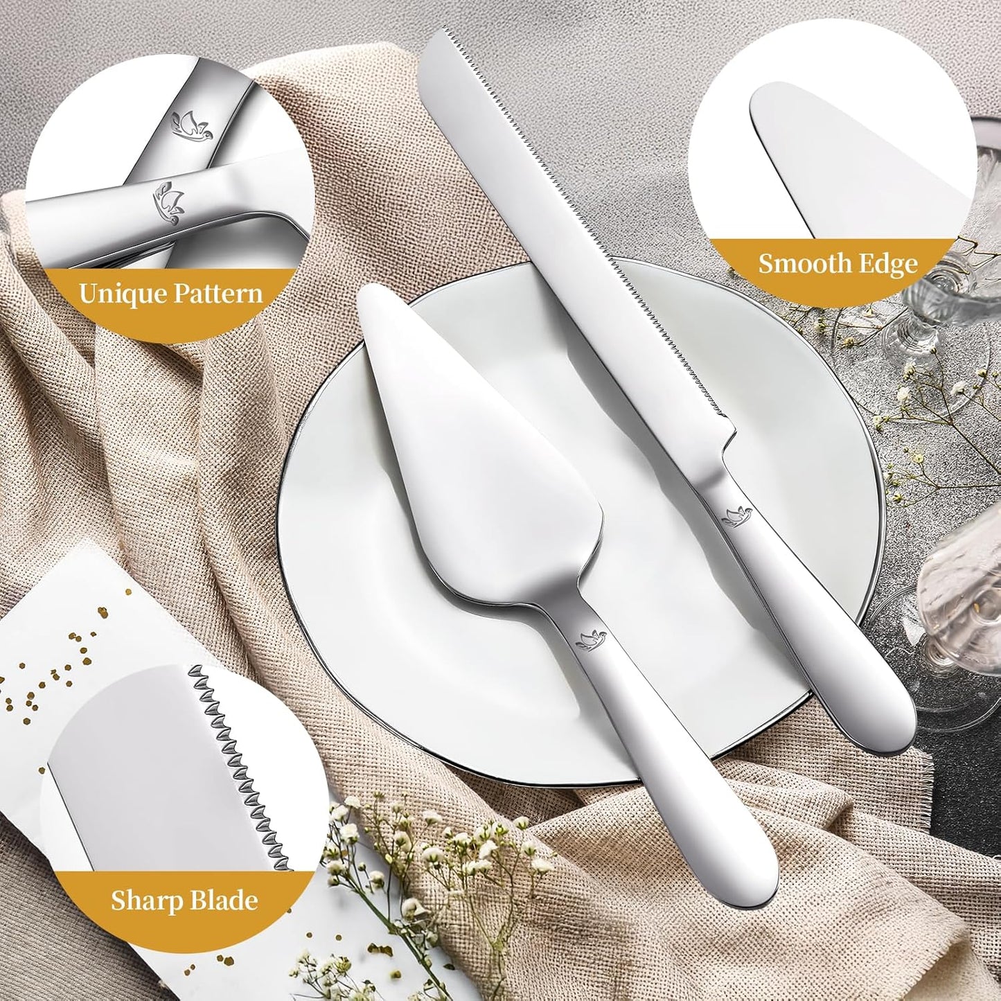 Cake Cutting Set for Wedding - Extended Cake Knife and Server Set Thickened Stainless Steel 13.0" Cake Cutter 10.49" Pie Spatula Great for Birthday Anniversary Christmas Gift 2 Pcs Silver