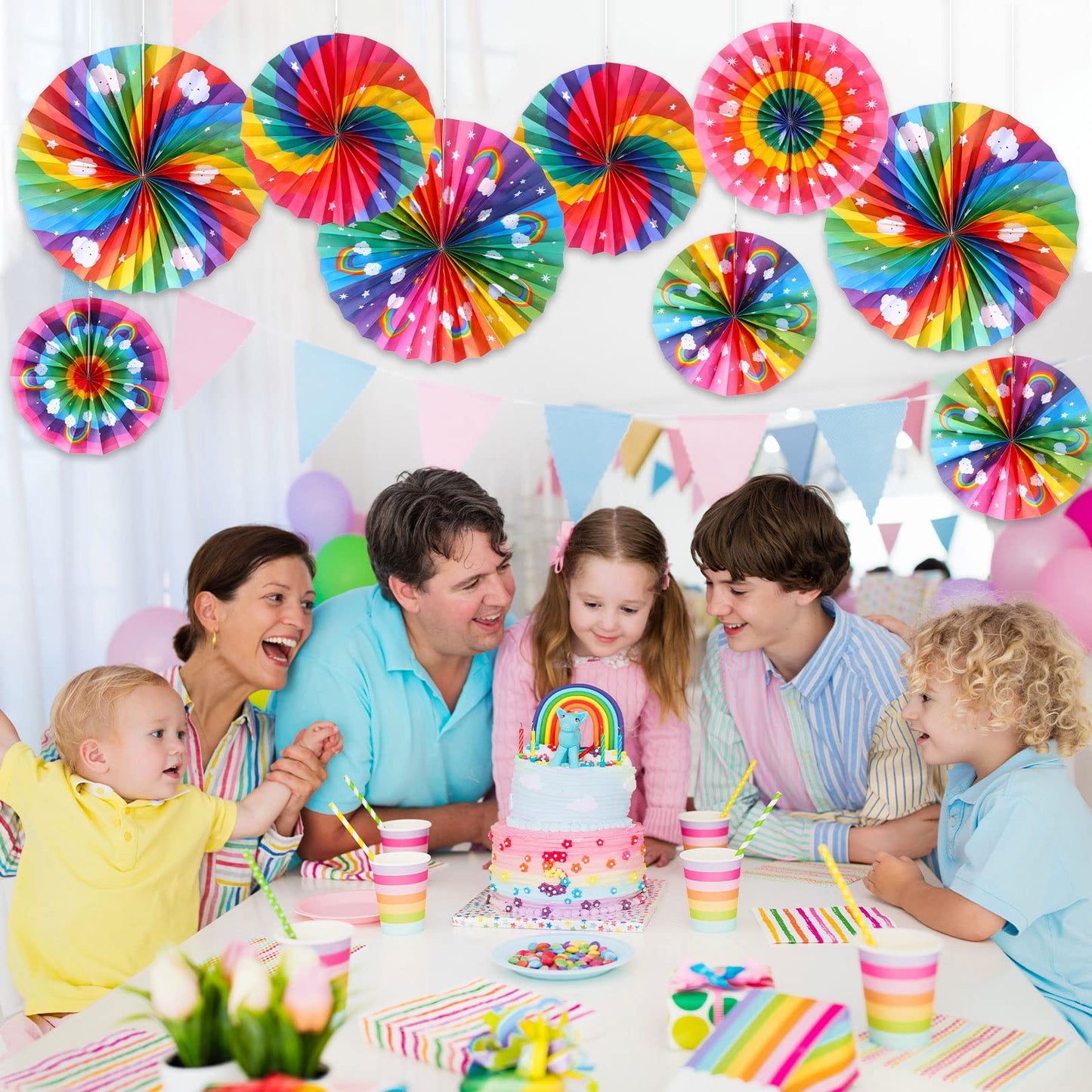 Outus 9 Pcs Rainbow Party Decorations Paper Fans Boho Classroom Bulletin Board Decor Ceiling Wall