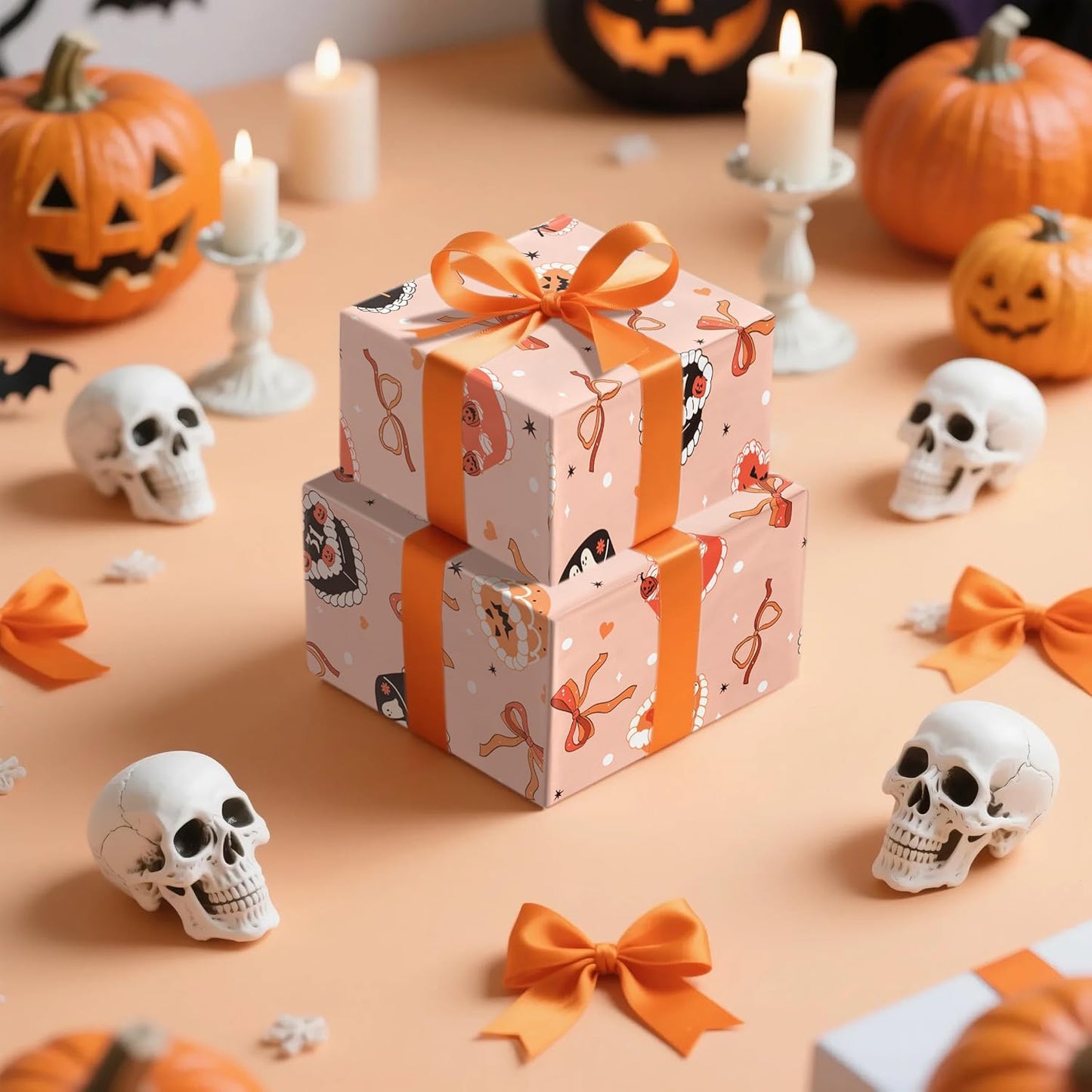 LeZakaa Halloween Cake Wrapping Paper Roll, Cute Halloween Cakes with Ghosts Pumpkins Bows Design, for Trick-or-Treat Party, Girls Women Bakers, Mini Roll 17 in x 16.4 Ft