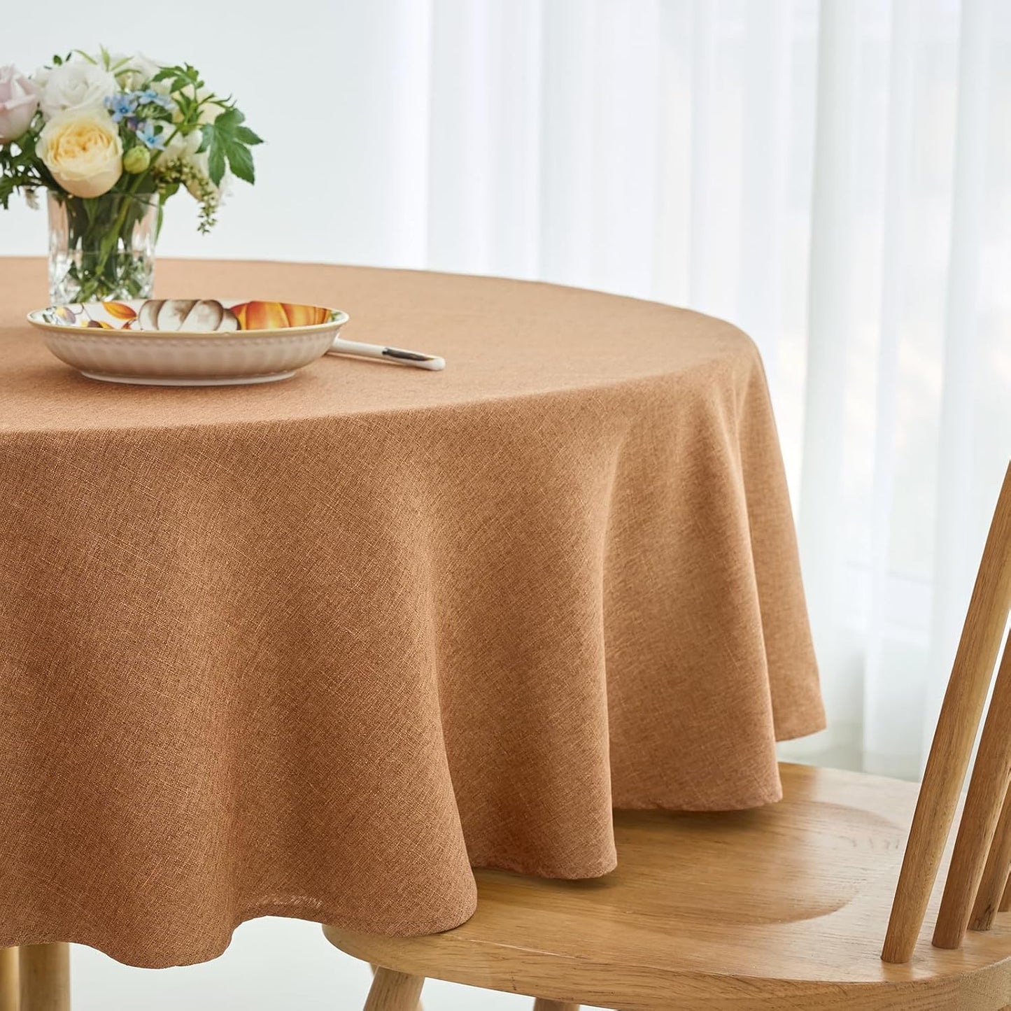 maxmill Fall Round Tablecloth Linen Texture Stain Resistant Waterproof Anti-Shrink Spillproof Washable Soft Table Cloth for Dining Room, Farmhouse Harvest Thanksgiving Holiday Party, 70 Inch, Amber