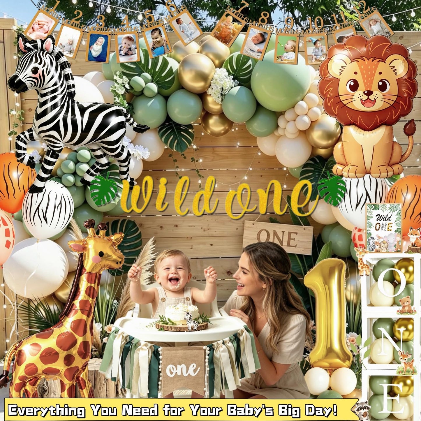 Daidle Wild One Birthday Decorations, 132Pcs Safari 1st Birthday Party Kit