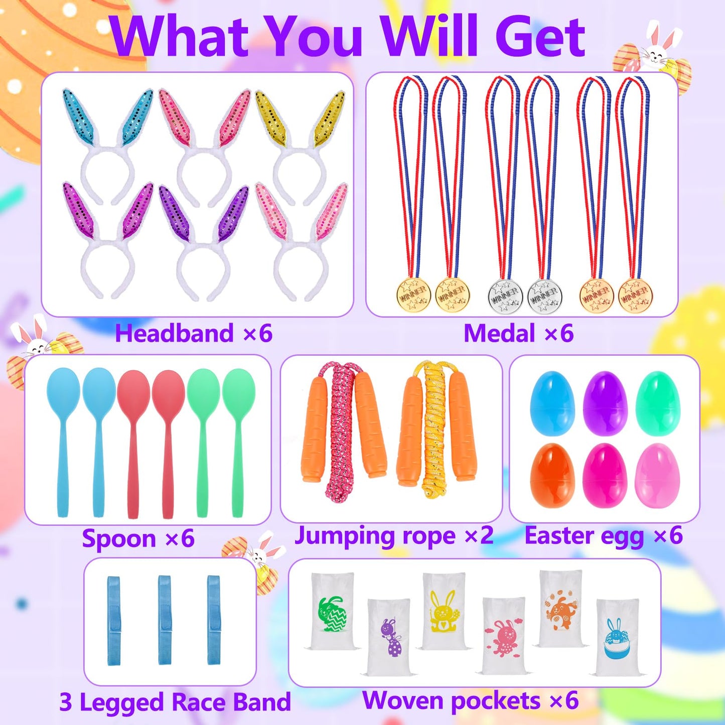 Atonofun 29 Pack Easter Games for Kids Outdoor, Potato Jumping Bags, Bunny Ears Headbands, Egg