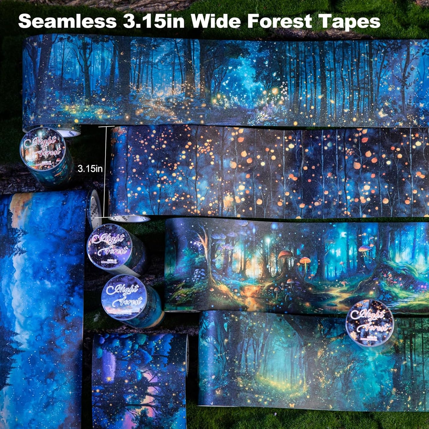 Night Forest Seamless Washi Tape Scrapbook Kit ??6 Rolls with Starry Sky, Fairy Woods & Twilight Designs for Journaling, DIY Crafts, Gift Wrapping, Card Making, Decoration, 3.15in Wide