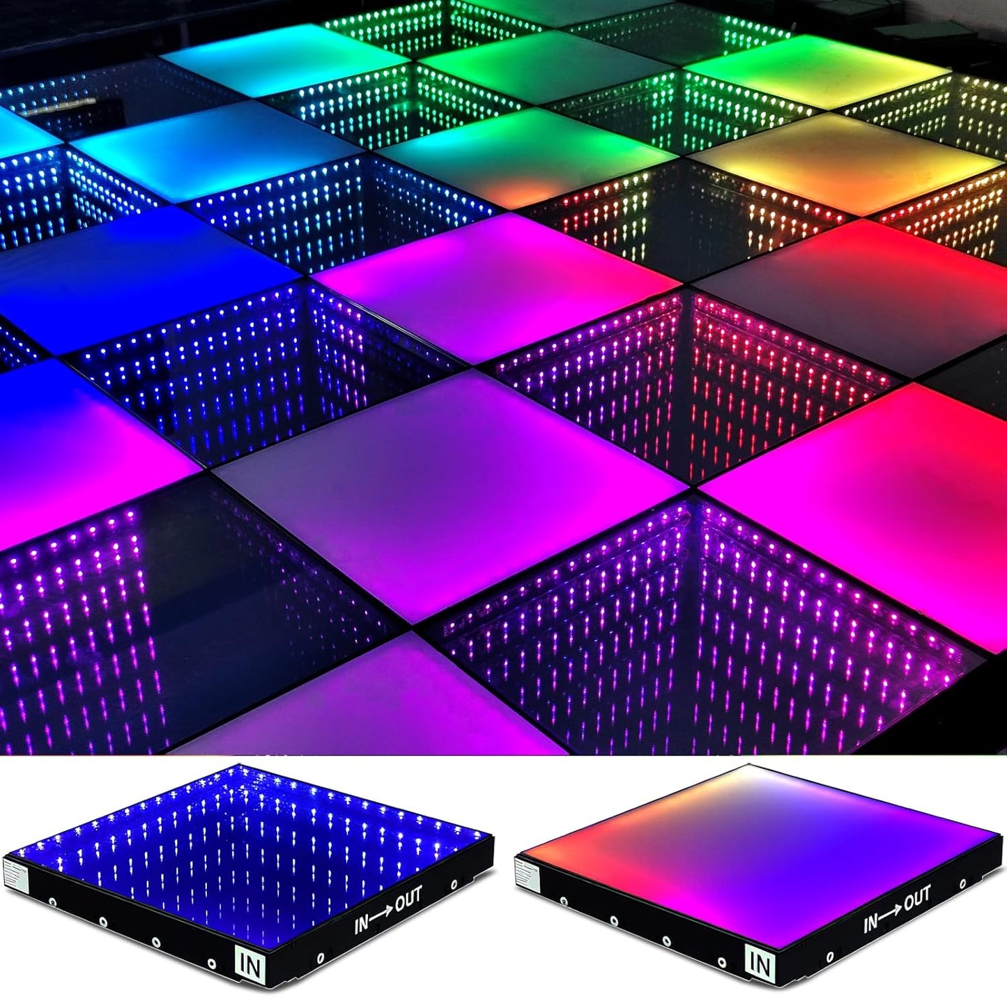 Dance Floor Stage Lights Tempered Glass Infinity Mirror Panel 3D Effect Led Dance Floor for Wedding Party Customizable (3D+RGB-Magnetic, 49PCS(11.5FTX11.5FT))