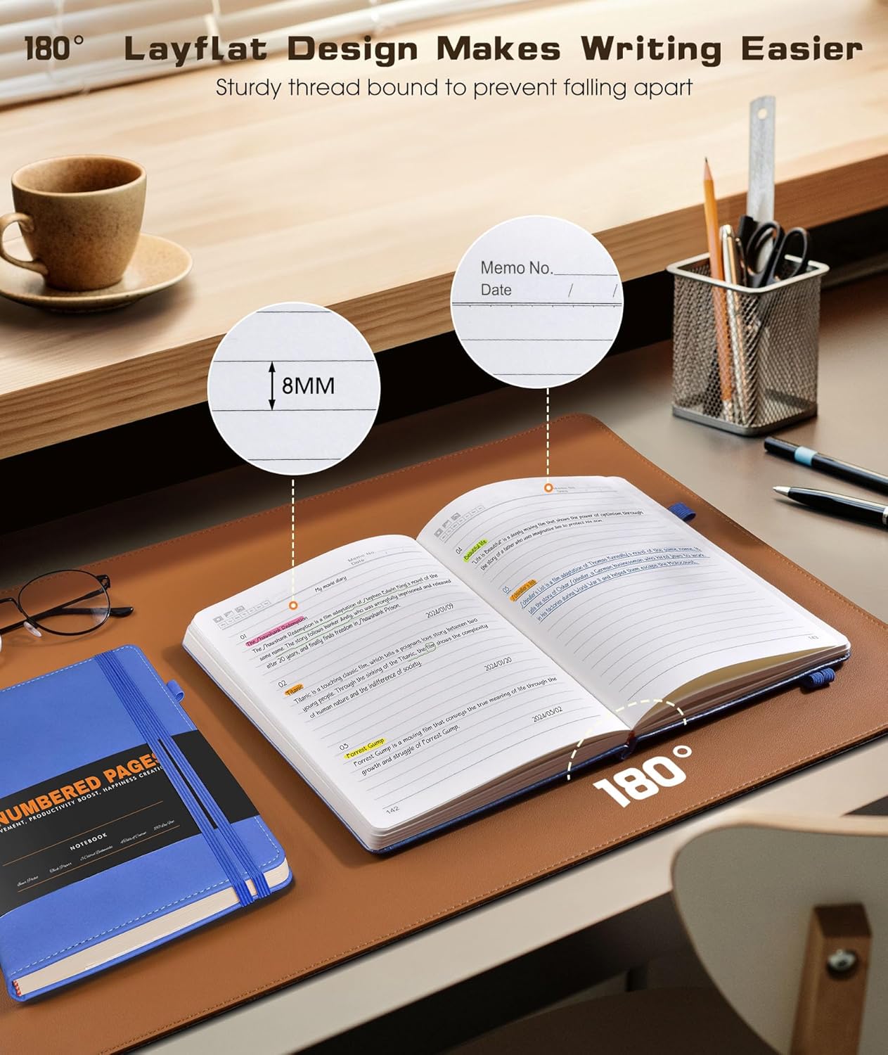 Lined Journal Notebook for Women Men, 256 Numbered Pages Hardcover Leather Journals for Writing, A5 Journaling Notebooks, College Ruled Journal for Business Work School Note Taking 5.75" x 8.38" Blue