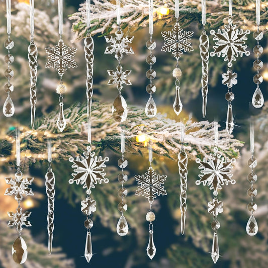 Christmas Tree Decorations 18Pcs, Acrylic Crystal Ornaments for Christmas Tree- Hanging Christmas Snowflake Decorations for Xmas Decor, Weddings, Frozen Birthday Parties