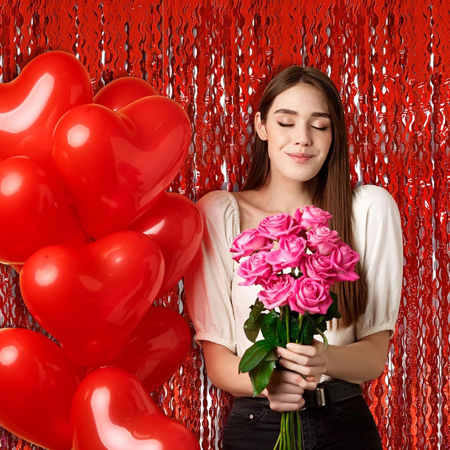 Red Tinsel Foil Fringe Curtains Wavy Backdrop for Parties Sparkle Metallic Wavy Foil Fringe Backdrop Curtain for Party Decorations Photo Booth Props Birthday Graduation Wedding Valentines Decor