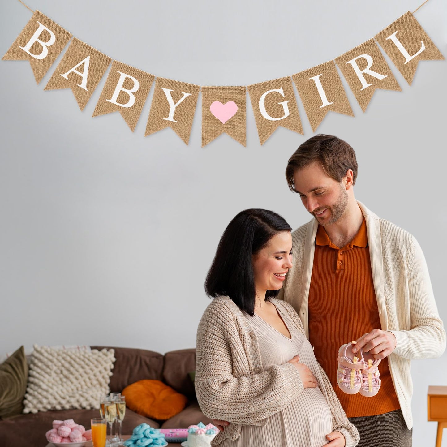 Pre-Strung Baby Girl Burlap Banner, Gender Reveal Banner for Baby Shower Party Decorations (Light