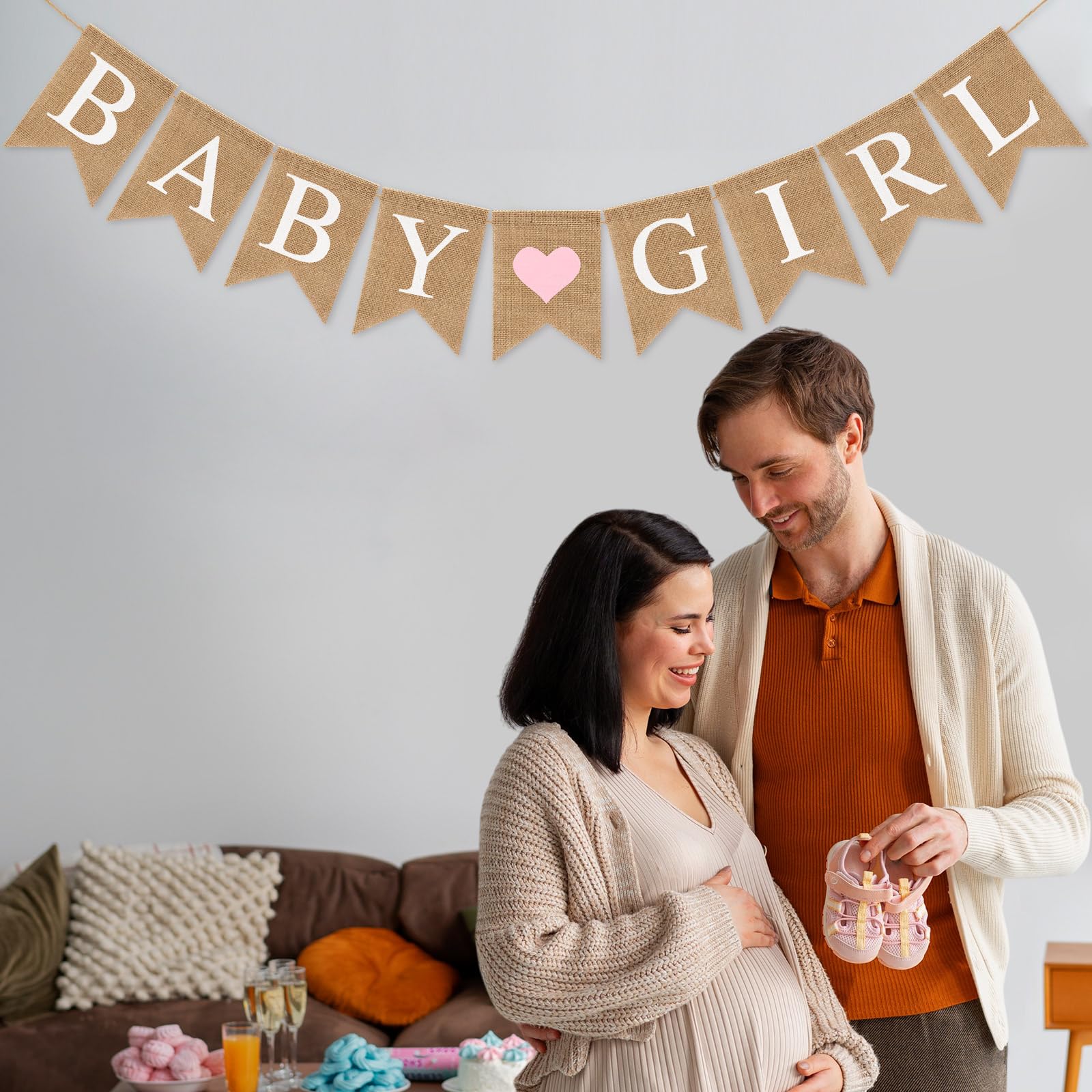 Pre-Strung Baby Girl Burlap Banner, Gender Reveal Banner for Baby Shower Party Decorations (Light
