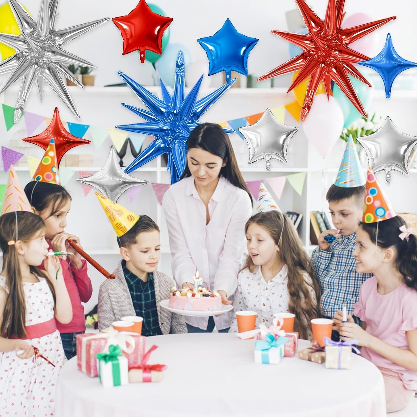 Blue Red Silver Star Balloon,16Pcs Star Foil Balloons Set with 22Inch Explosion Spike Cone Balloons and 10Inch Quadrangle Helium Balloon for Birthday Wedding Baby Shower Party Decorations